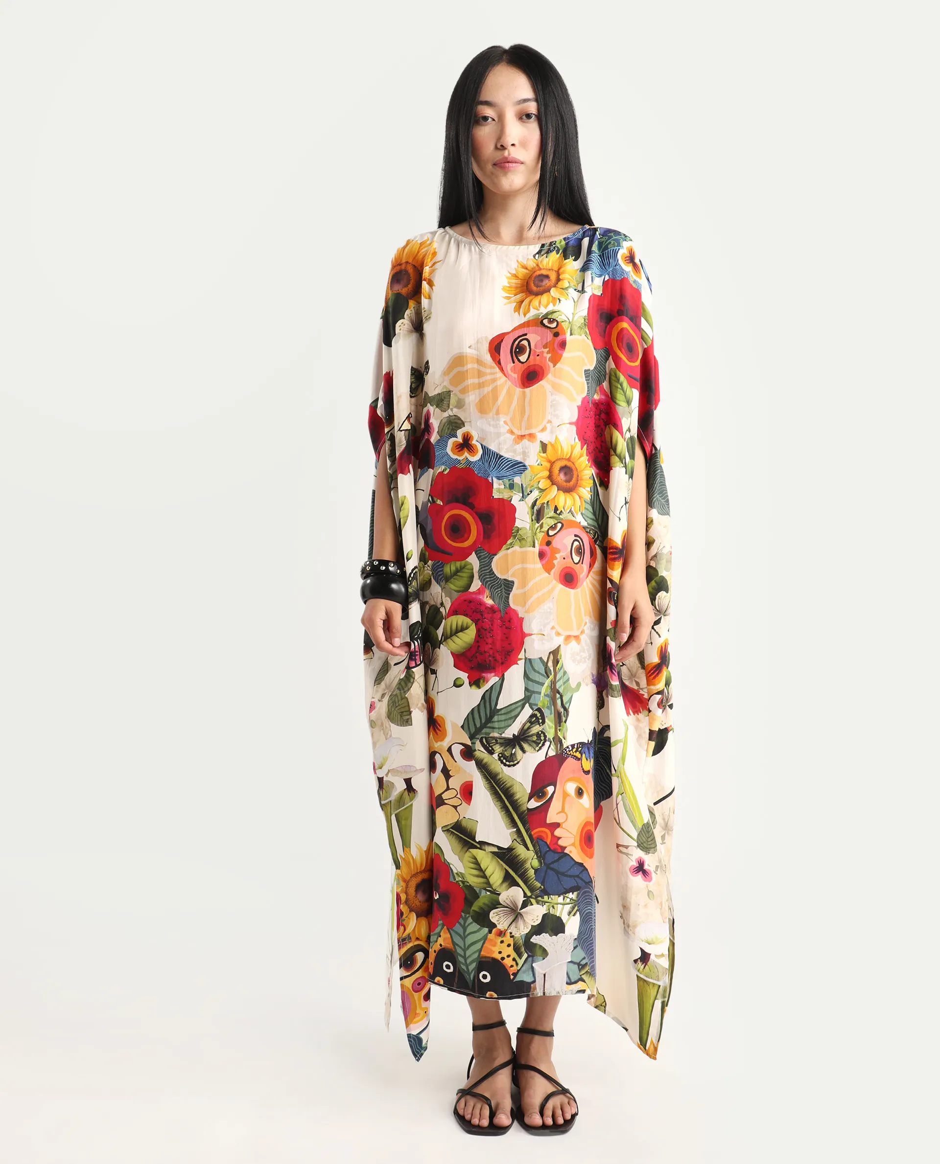 Rareism Women's Bezrea Off White Silk 3/4Th Sleeve Kaftan Abstract Print Dress - Image 4