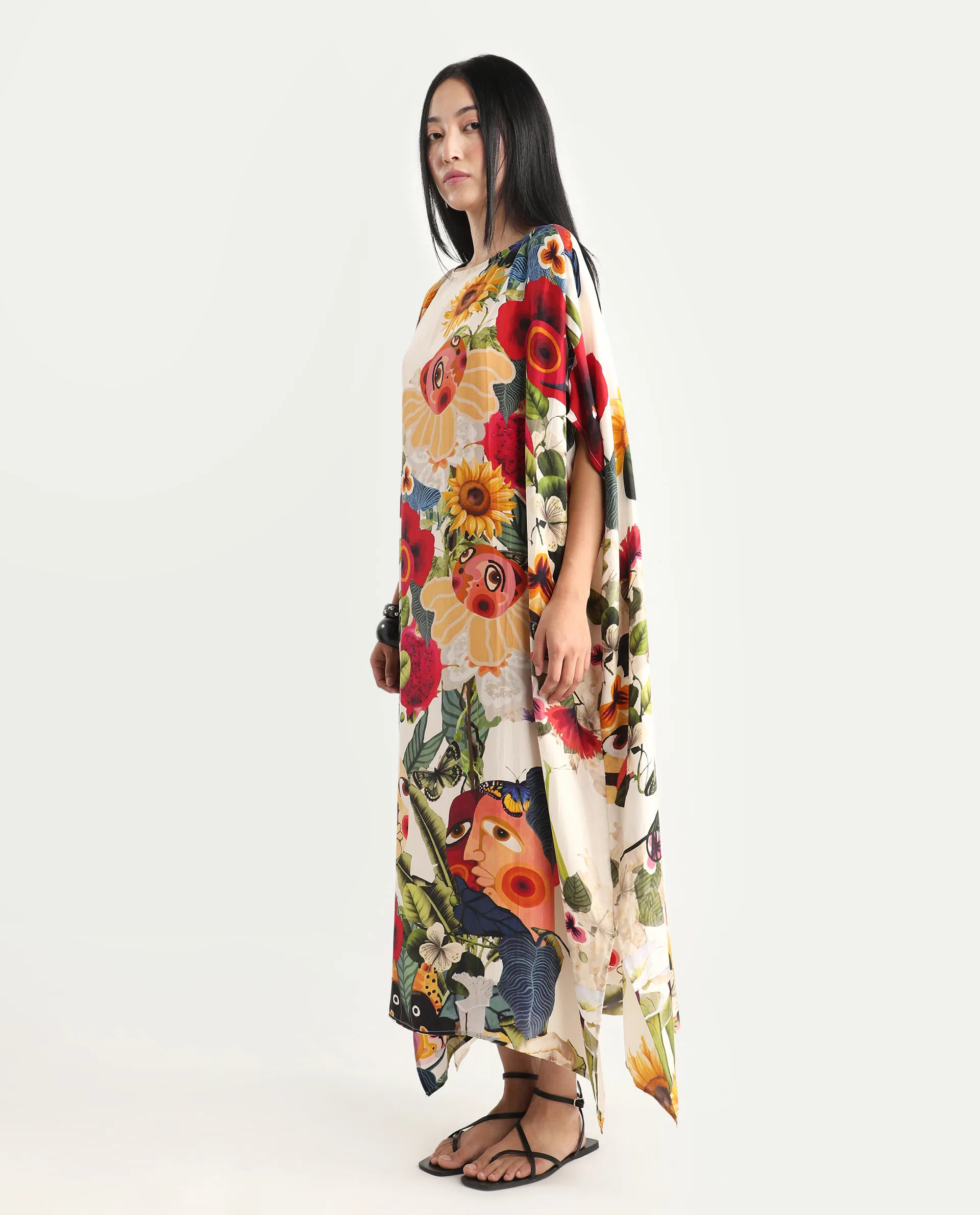 Rareism Women's Bezrea Off White Silk 3/4Th Sleeve Kaftan Abstract Print Dress - Image 5