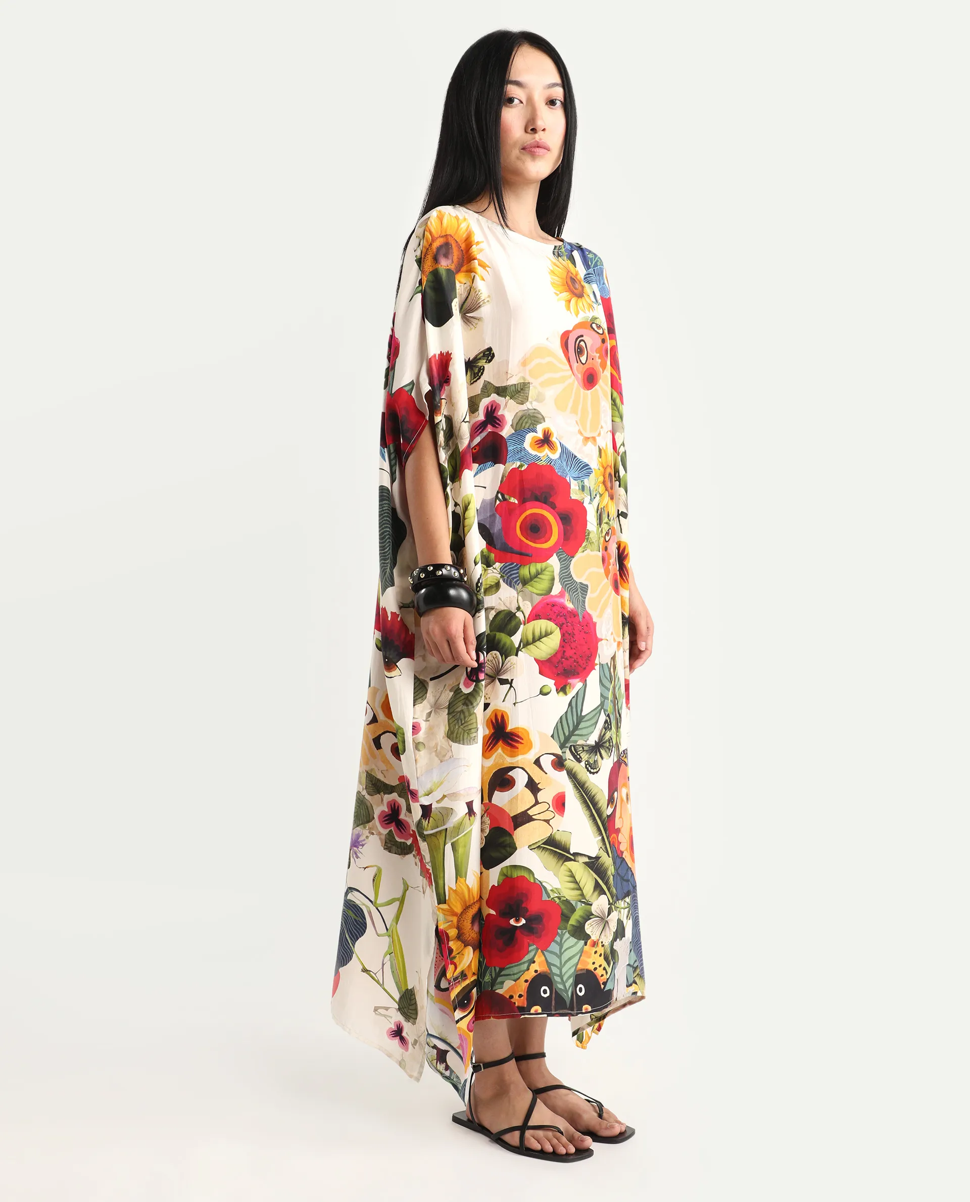 Rareism Women's Bezrea Off White Silk 3/4Th Sleeve Kaftan Abstract Print Dress - Image 6