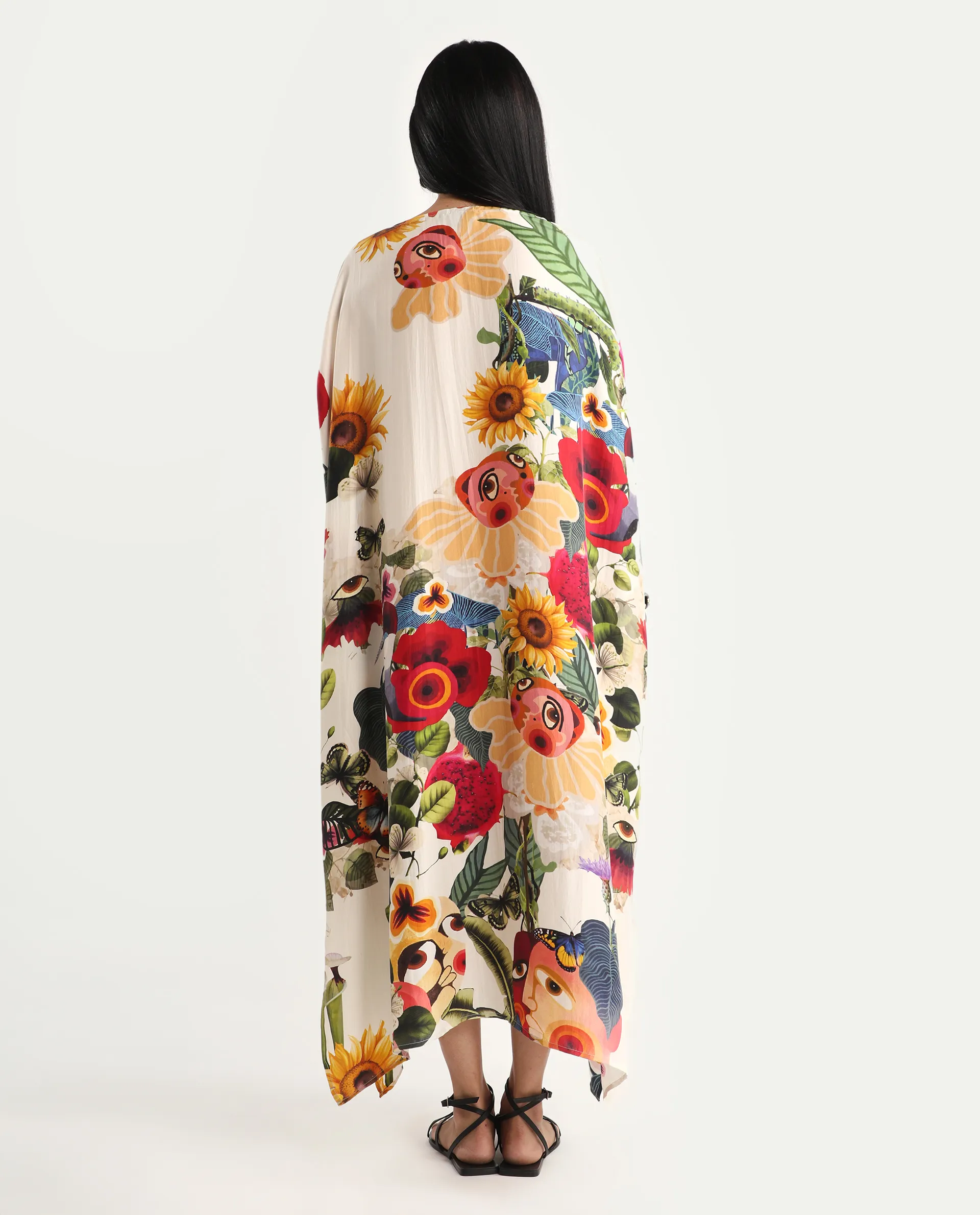 Rareism Women's Bezrea Off White Silk 3/4Th Sleeve Kaftan Abstract Print Dress - Image 7