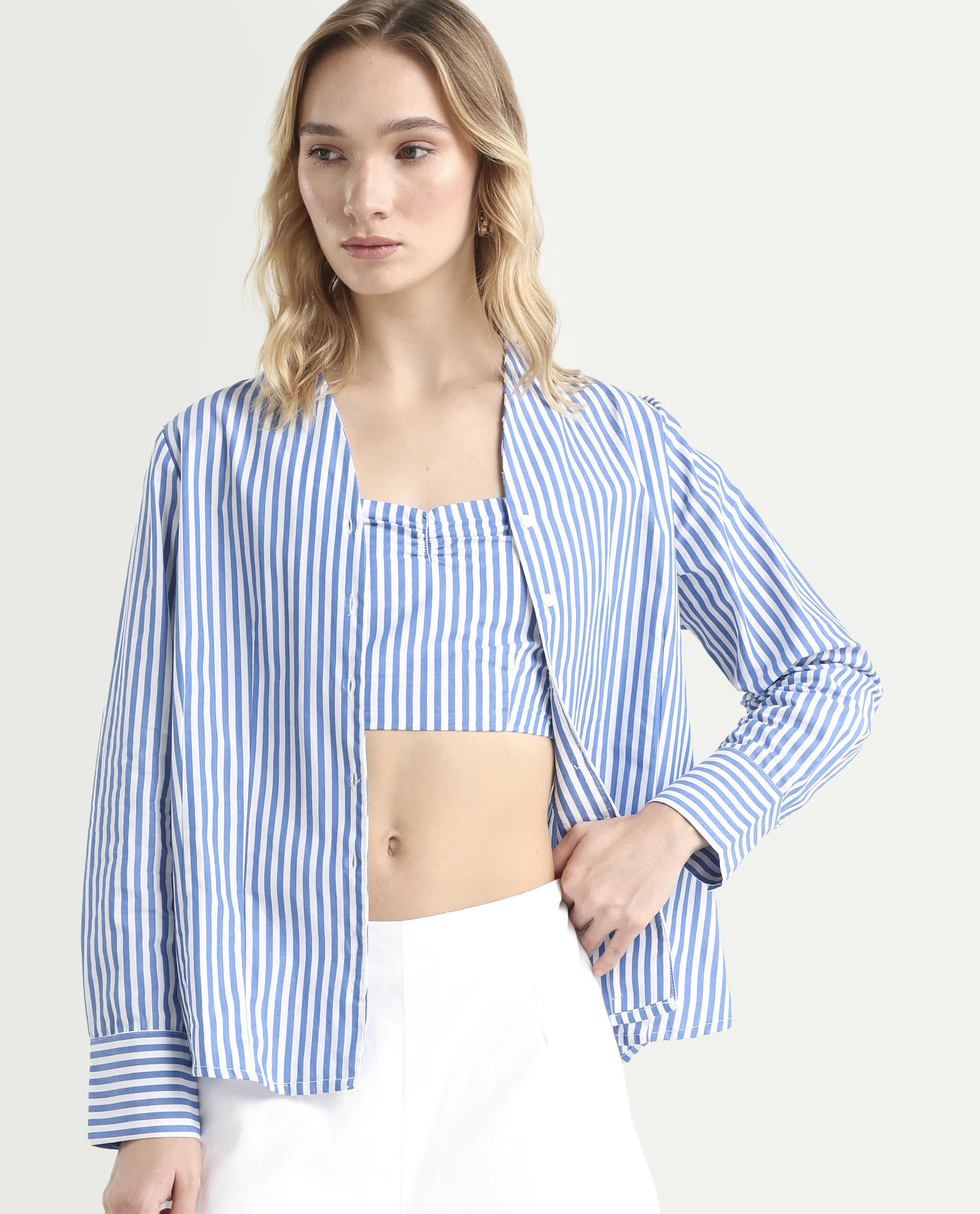 Rareism Women's Bhacan Blue Polyester V-Neck Striped Cuffed Sleeve Relaxed Fit Shirt