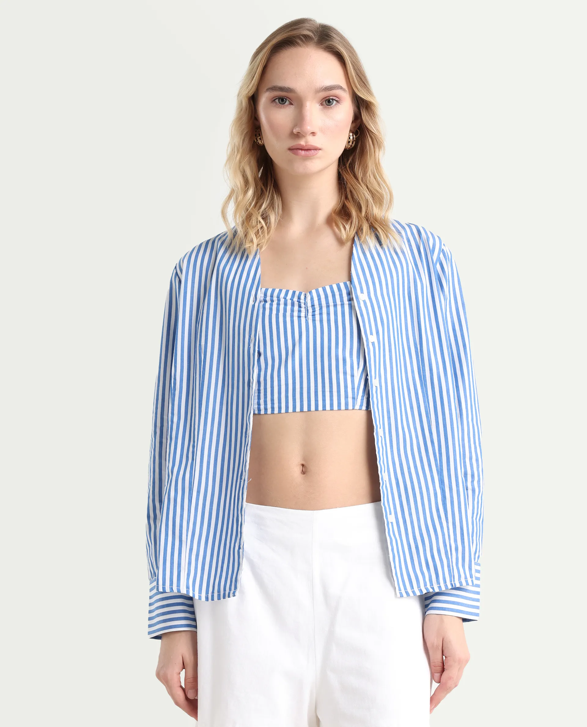 Rareism Women's Bhacan Blue Polyester V-Neck Striped Cuffed Sleeve Relaxed Fit Shirt - Image 3