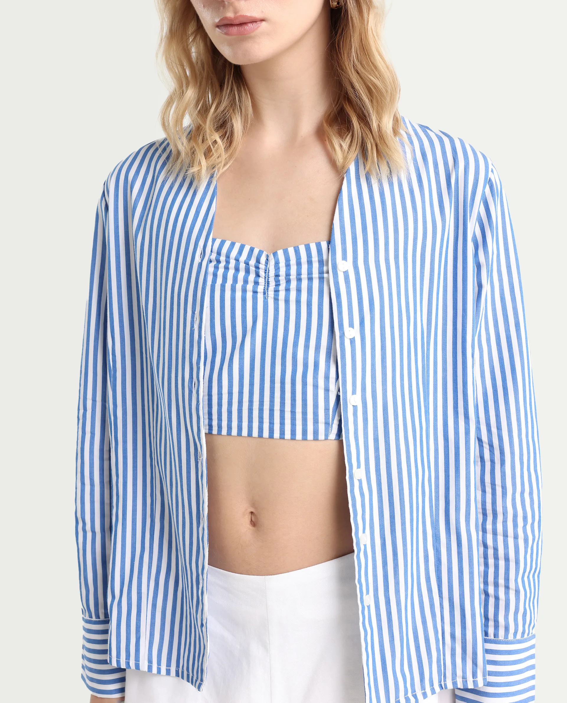 Rareism Women's Bhacan Blue Polyester V-Neck Striped Cuffed Sleeve Relaxed Fit Shirt - Image 4