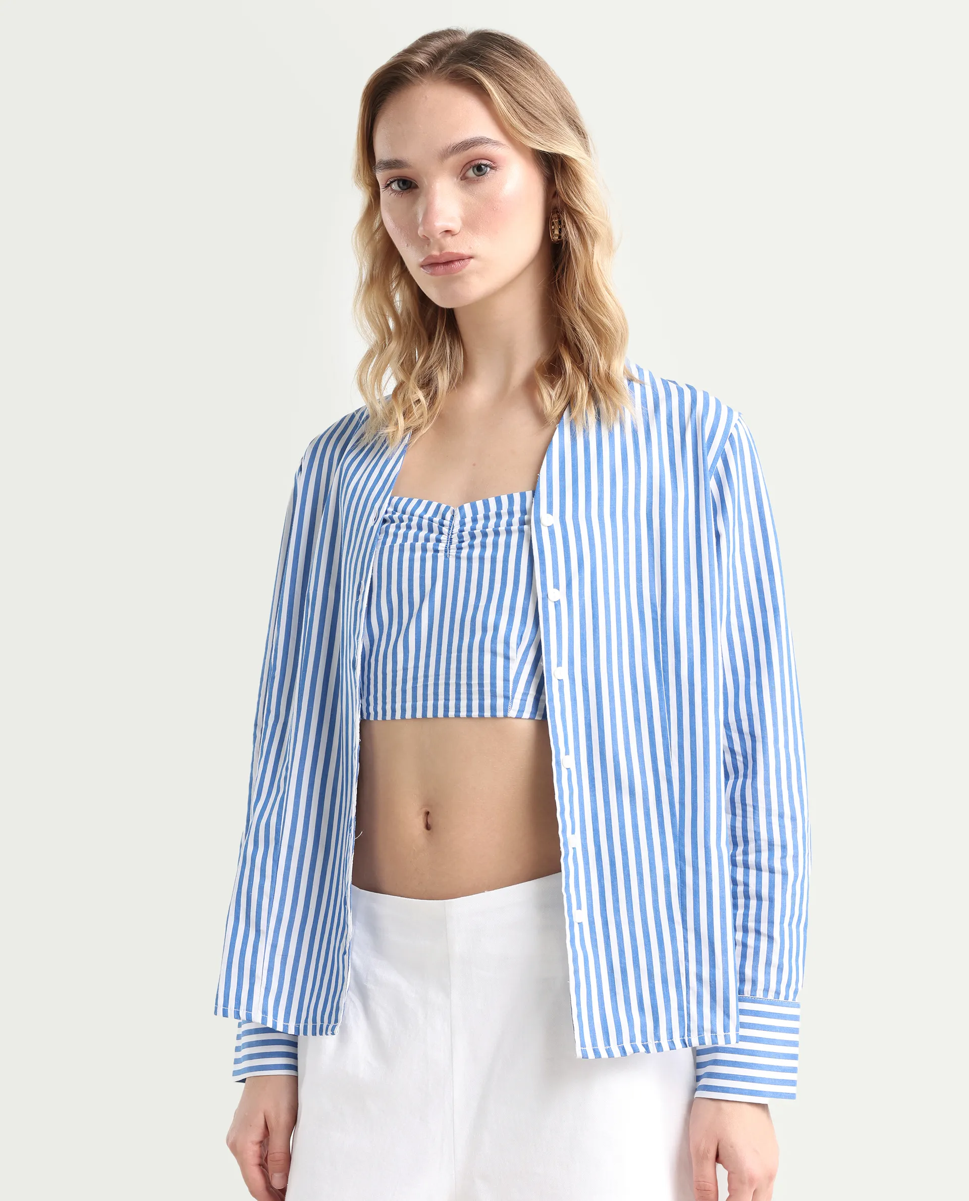 Rareism Women's Bhacan Blue Polyester V-Neck Striped Cuffed Sleeve Relaxed Fit Shirt - Image 6