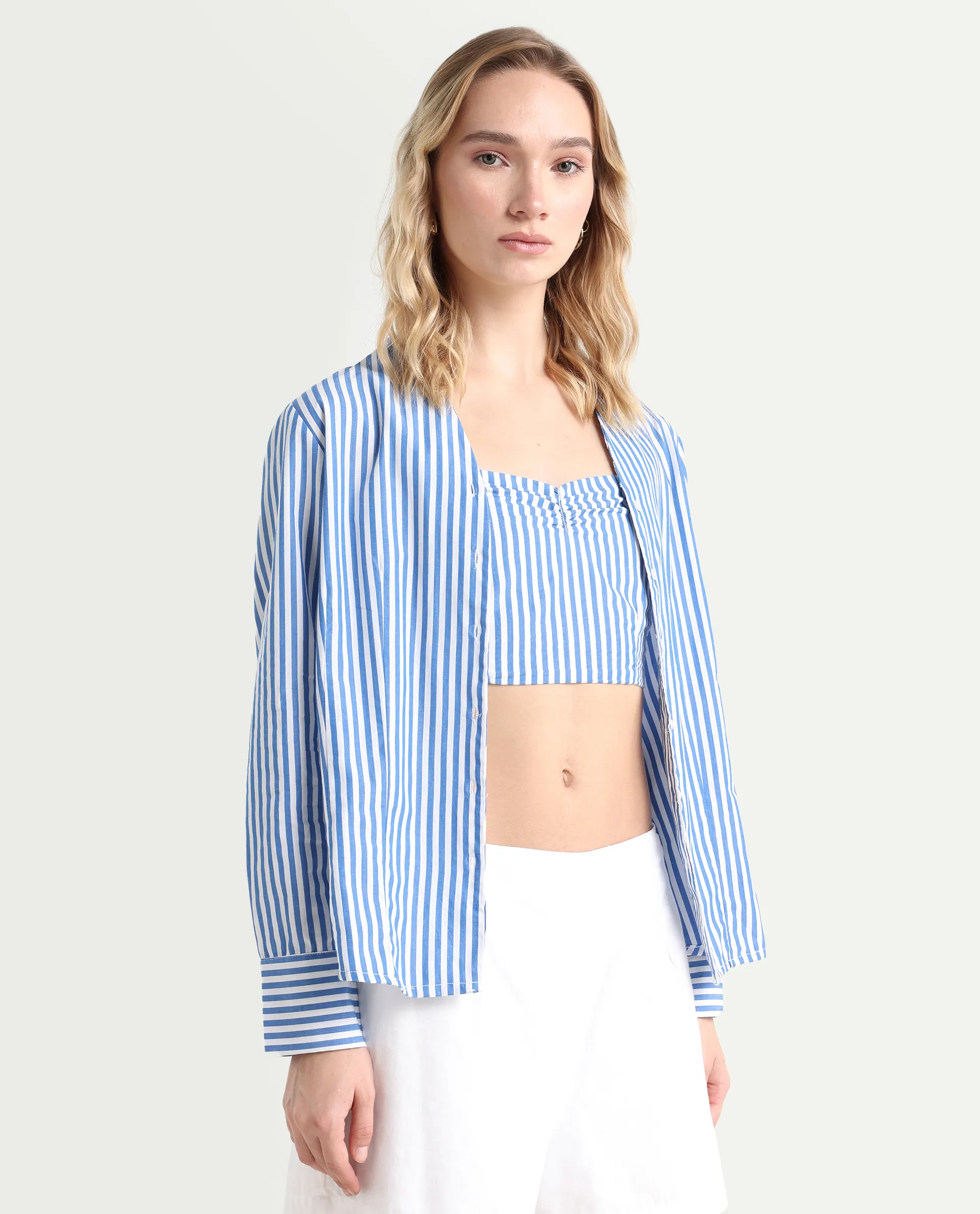 Rareism Women's Bhacan Blue Polyester V-Neck Striped Cuffed Sleeve Relaxed Fit Shirt - Image 7