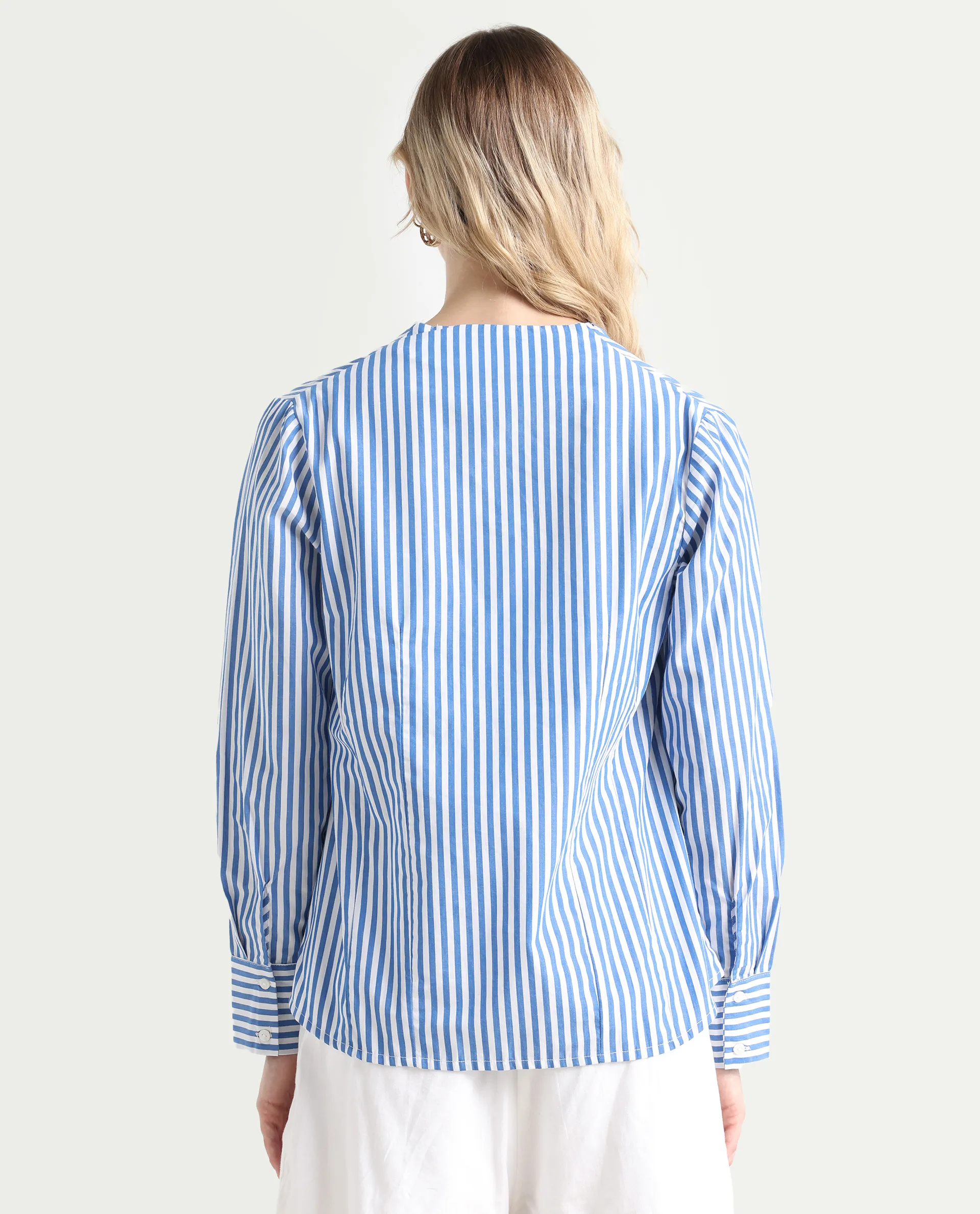 Rareism Women's Bhacan Blue Polyester V-Neck Striped Cuffed Sleeve Relaxed Fit Shirt - Image 8