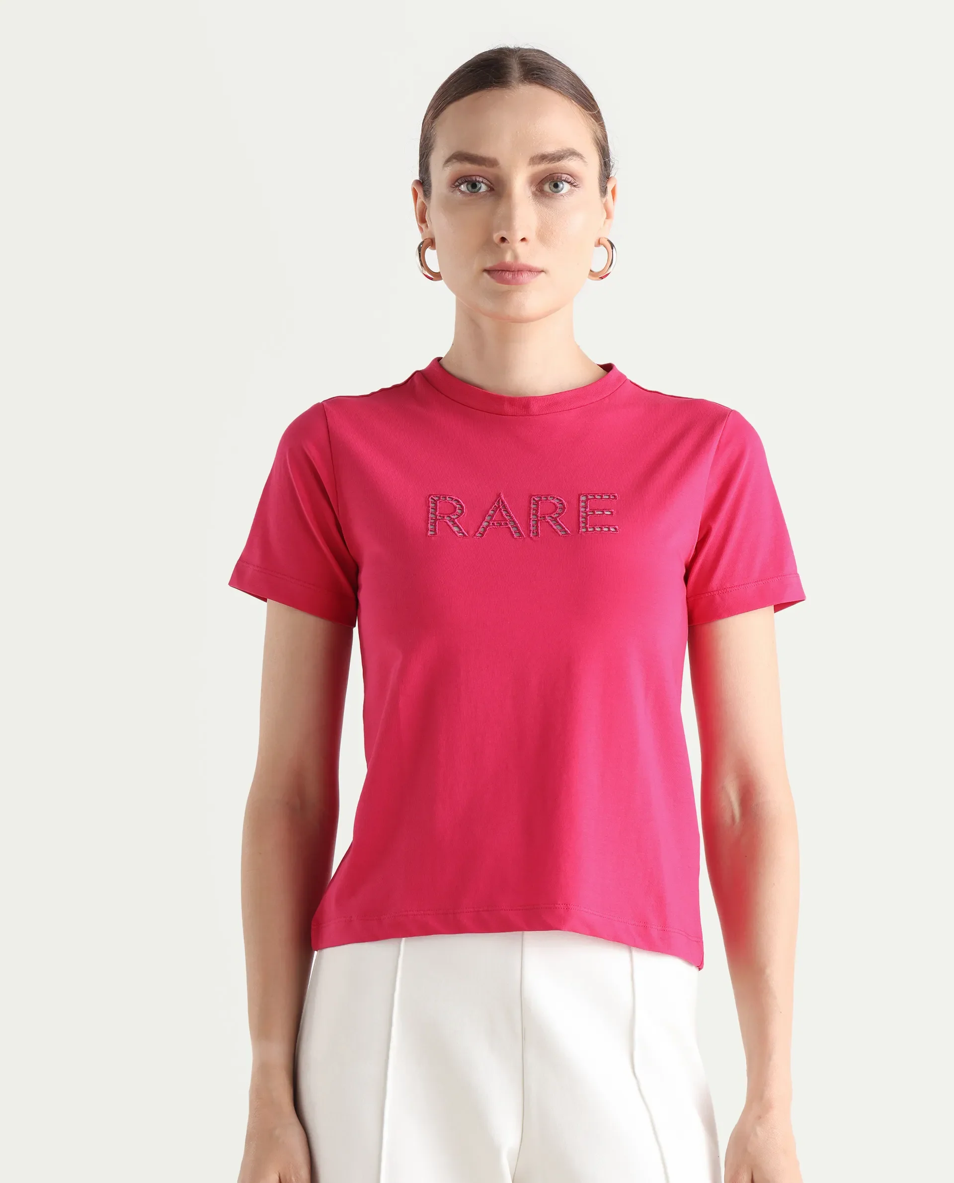 Rareism Women's Bhafi Pink Viscose Blend Crew Neck Typography Print Regular Fit T-Shirt - Image 3