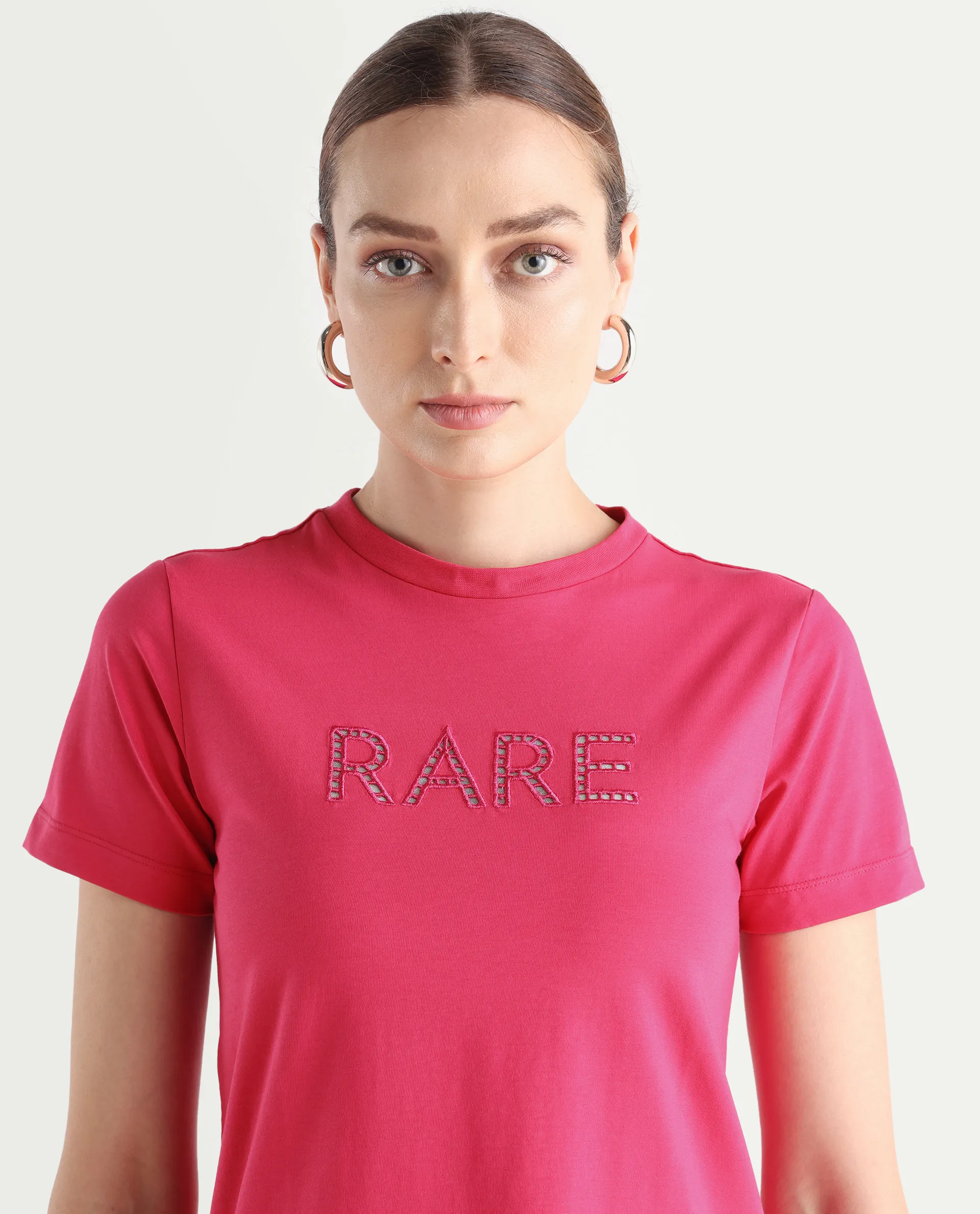 Rareism Women's Bhafi Pink Viscose Blend Crew Neck Typography Print Regular Fit T-Shirt - Image 4