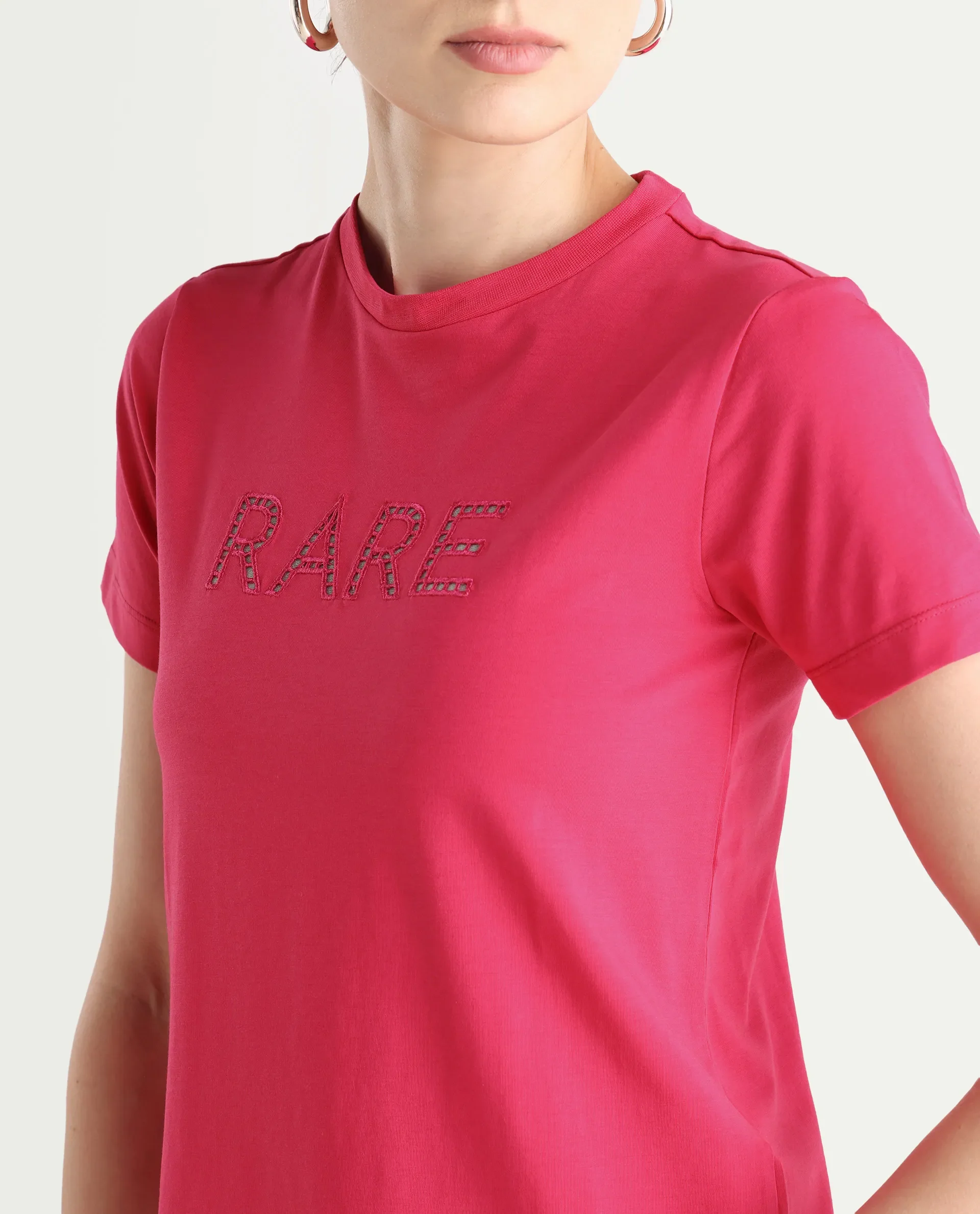 Rareism Women's Bhafi Pink Viscose Blend Crew Neck Typography Print Regular Fit T-Shirt - Image 5