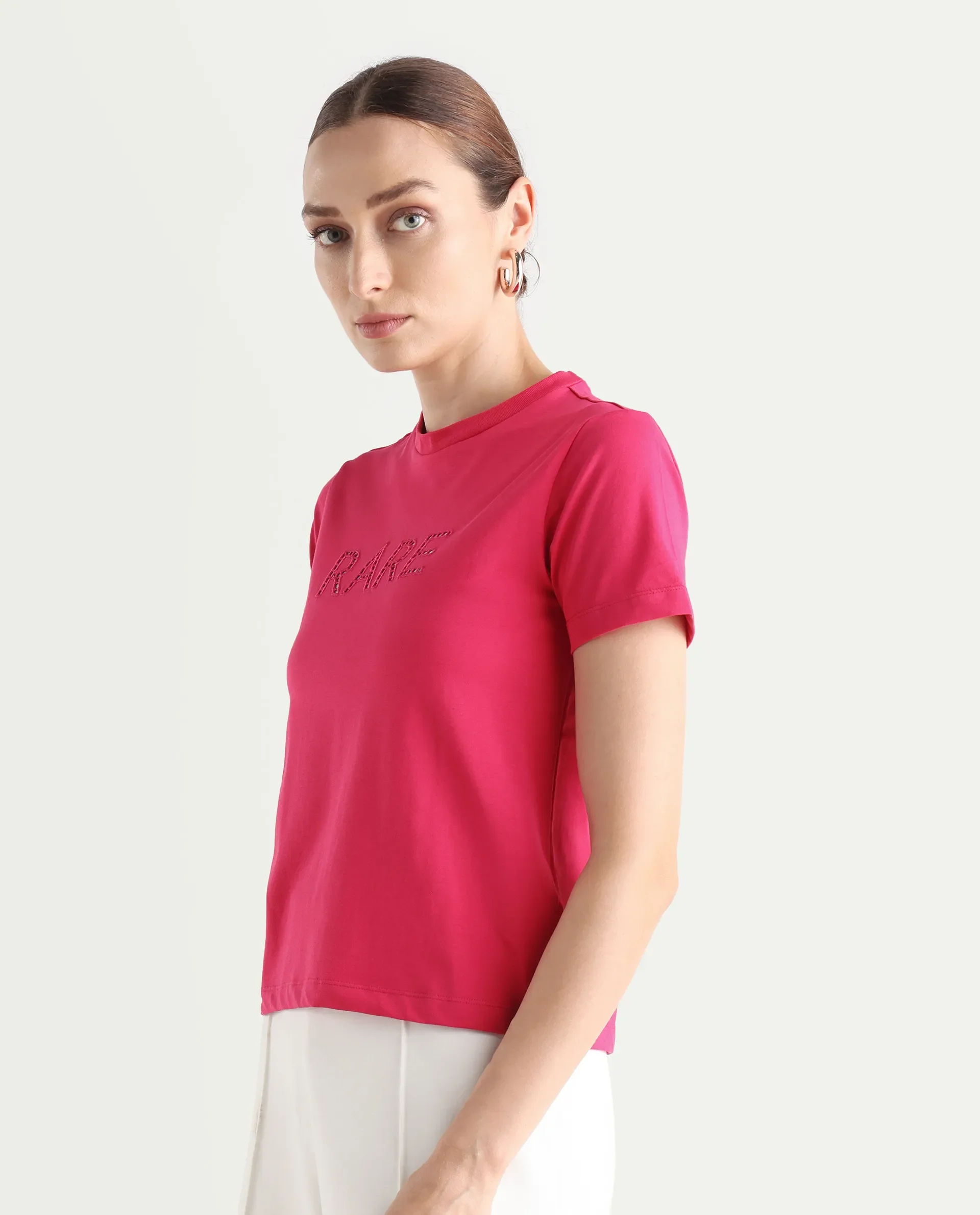Rareism Women's Bhafi Pink Viscose Blend Crew Neck Typography Print Regular Fit T-Shirt - Image 6