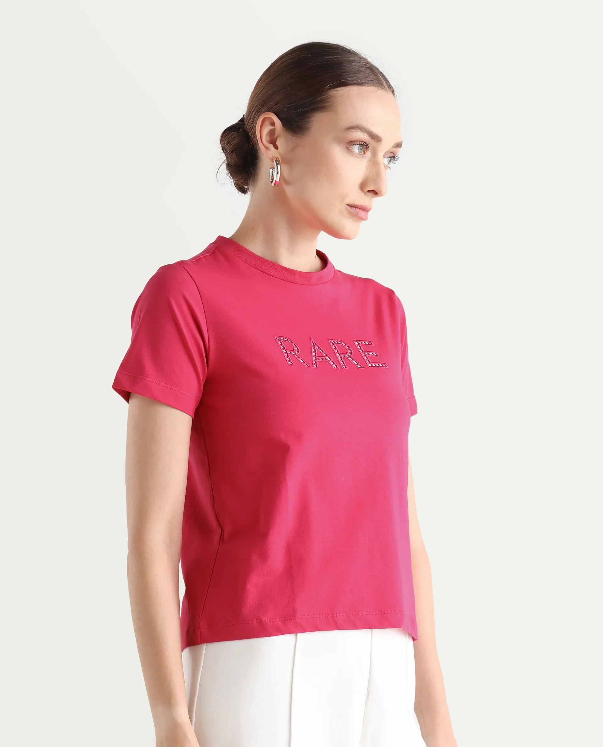 Rareism Women's Bhafi Pink Viscose Blend Crew Neck Typography Print Regular Fit T-Shirt - Image 7