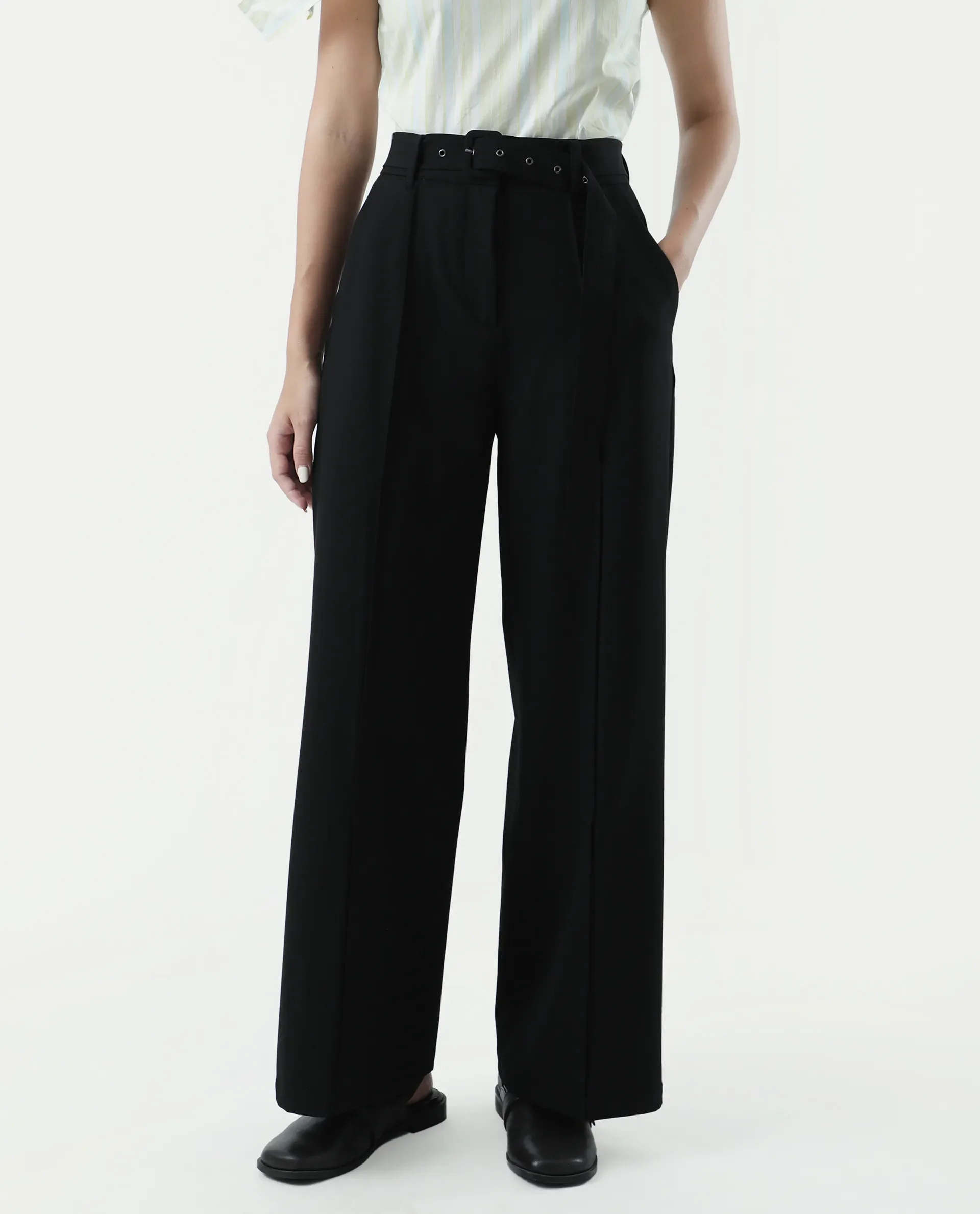 Rareism Women's Bhakil Black Polyester Blend Plain Ankle Length Straight Fit Trouser - Image 2