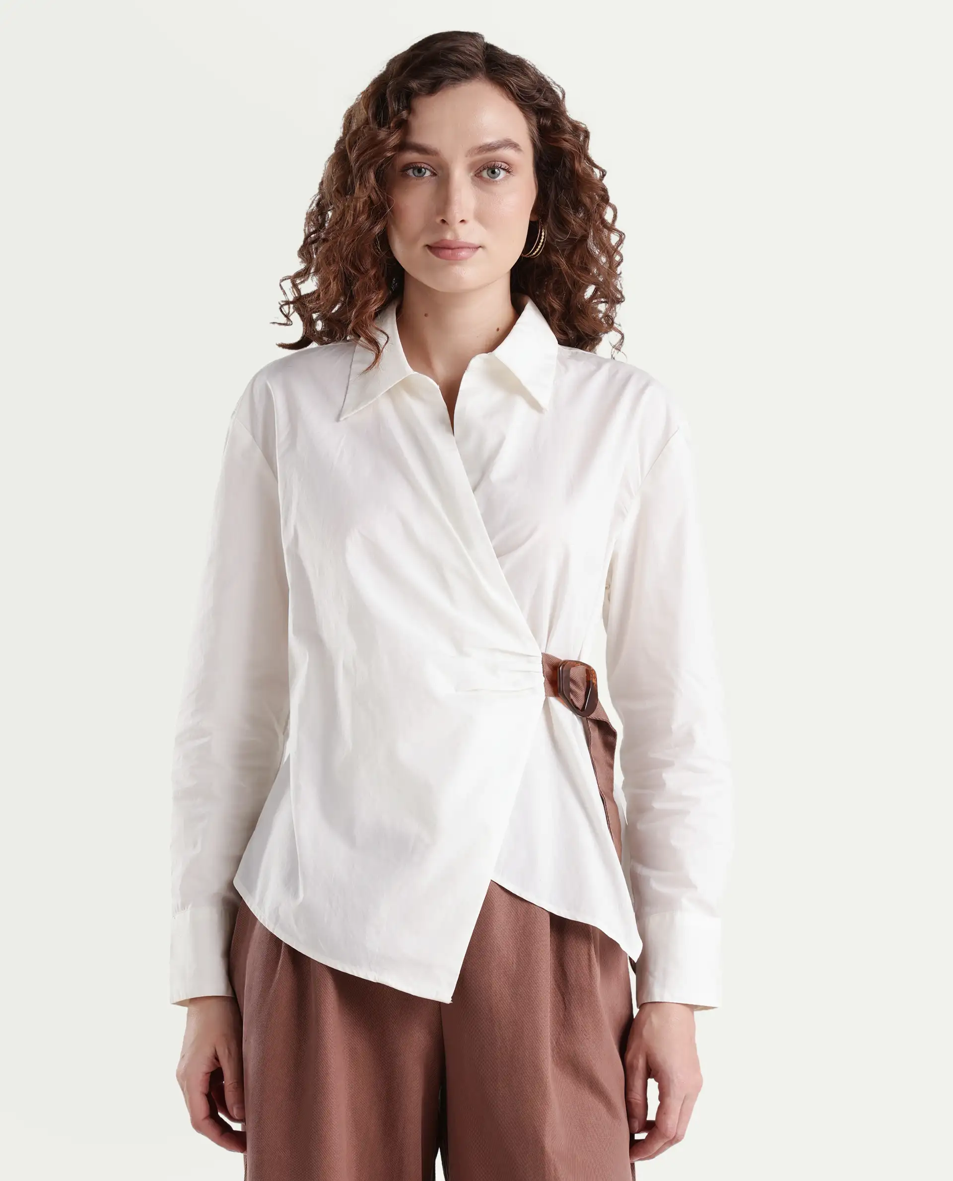 Rareism Women's Bhaleyn-T Off White Cotton Spread Collar Plain Cuffed Sleeve Relaxed Fit Shirt - Image 3