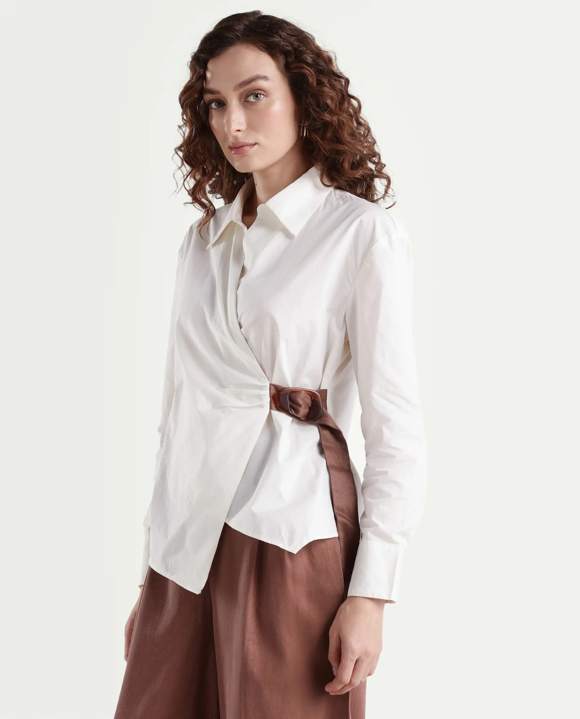 Rareism Women's Bhaleyn-T Off White Cotton Spread Collar Plain Cuffed Sleeve Relaxed Fit Shirt - Image 5