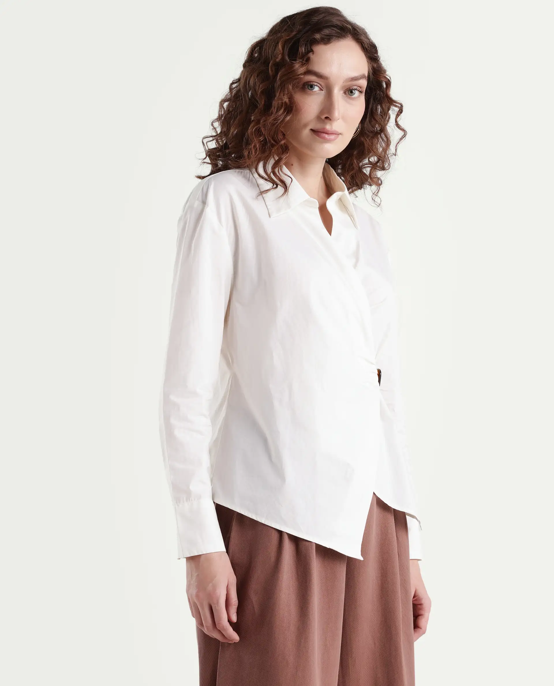 Rareism Women's Bhaleyn-T Off White Cotton Spread Collar Plain Cuffed Sleeve Relaxed Fit Shirt - Image 6