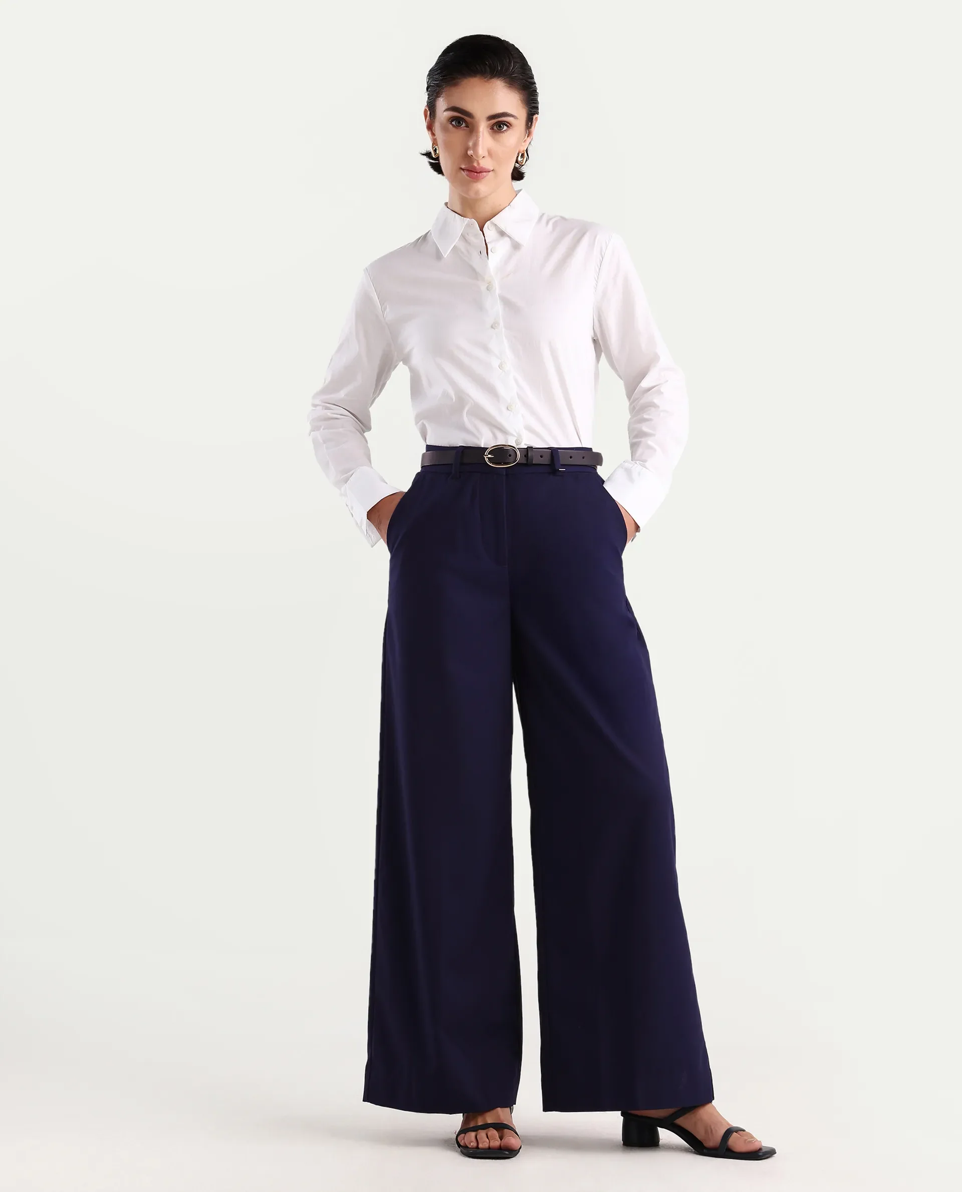 Rareism Women's Bhalmish Navy Cotton Plain Ankle Length Wide Trouser