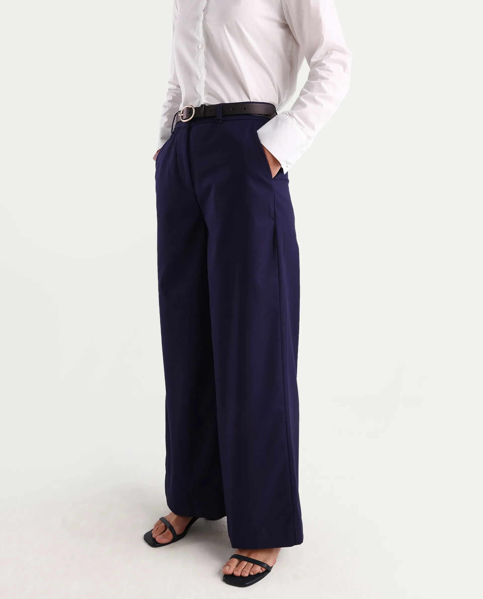 Rareism Women's Bhalmish Navy Cotton Plain Ankle Length Wide Trouser - Image 3