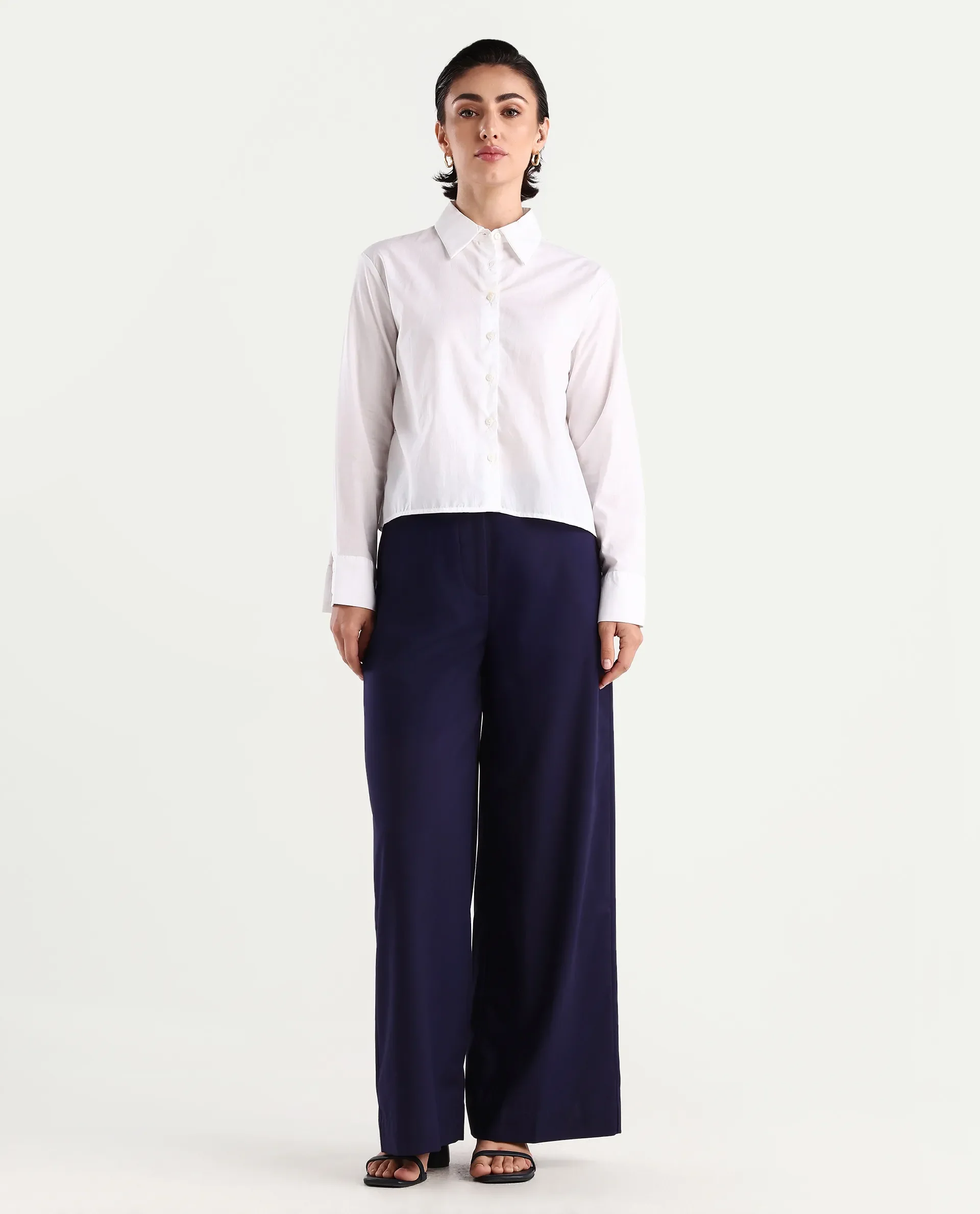 Rareism Women's Bhalmish Navy Cotton Plain Ankle Length Wide Trouser - Image 4