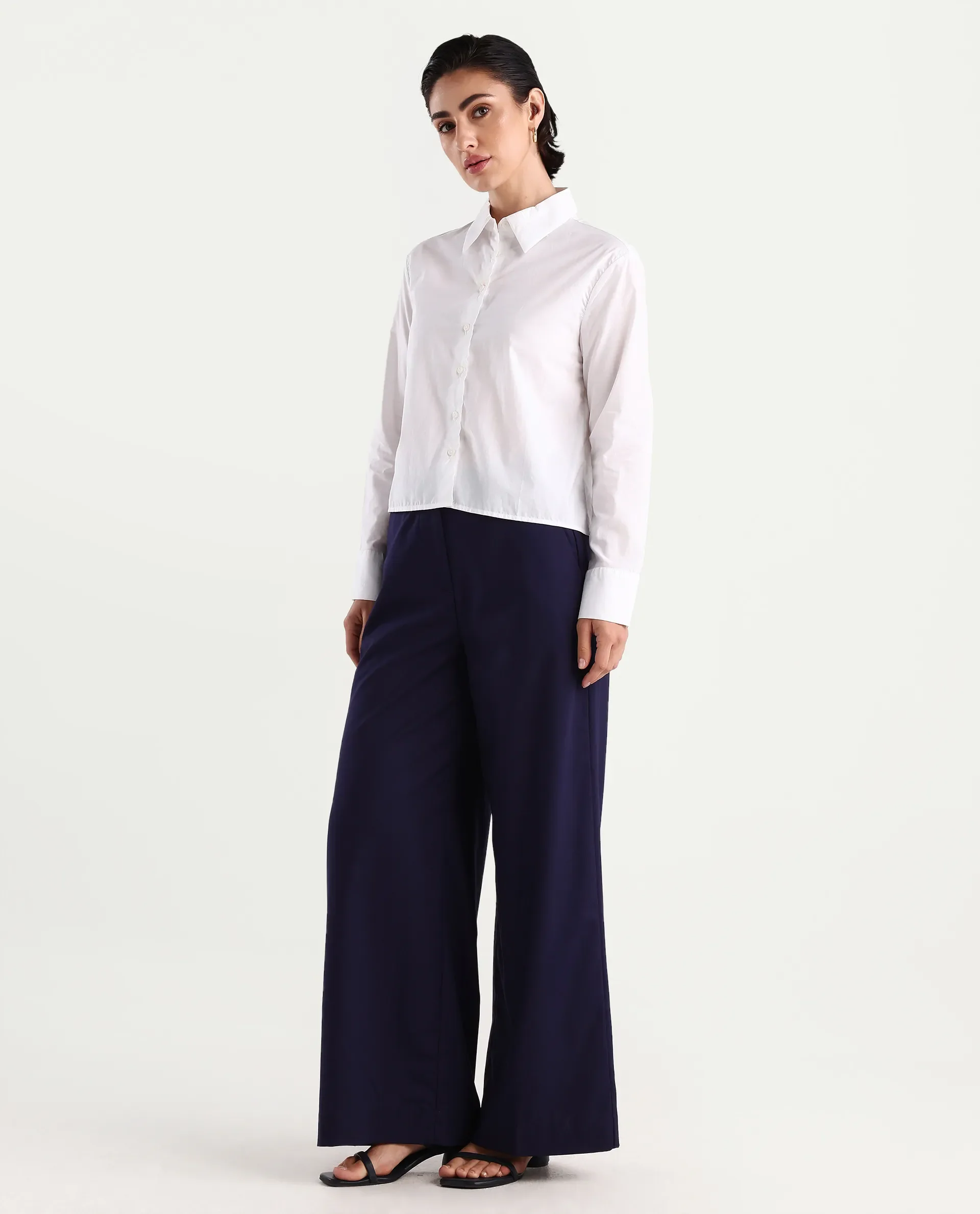 Rareism Women's Bhalmish Navy Cotton Plain Ankle Length Wide Trouser - Image 5