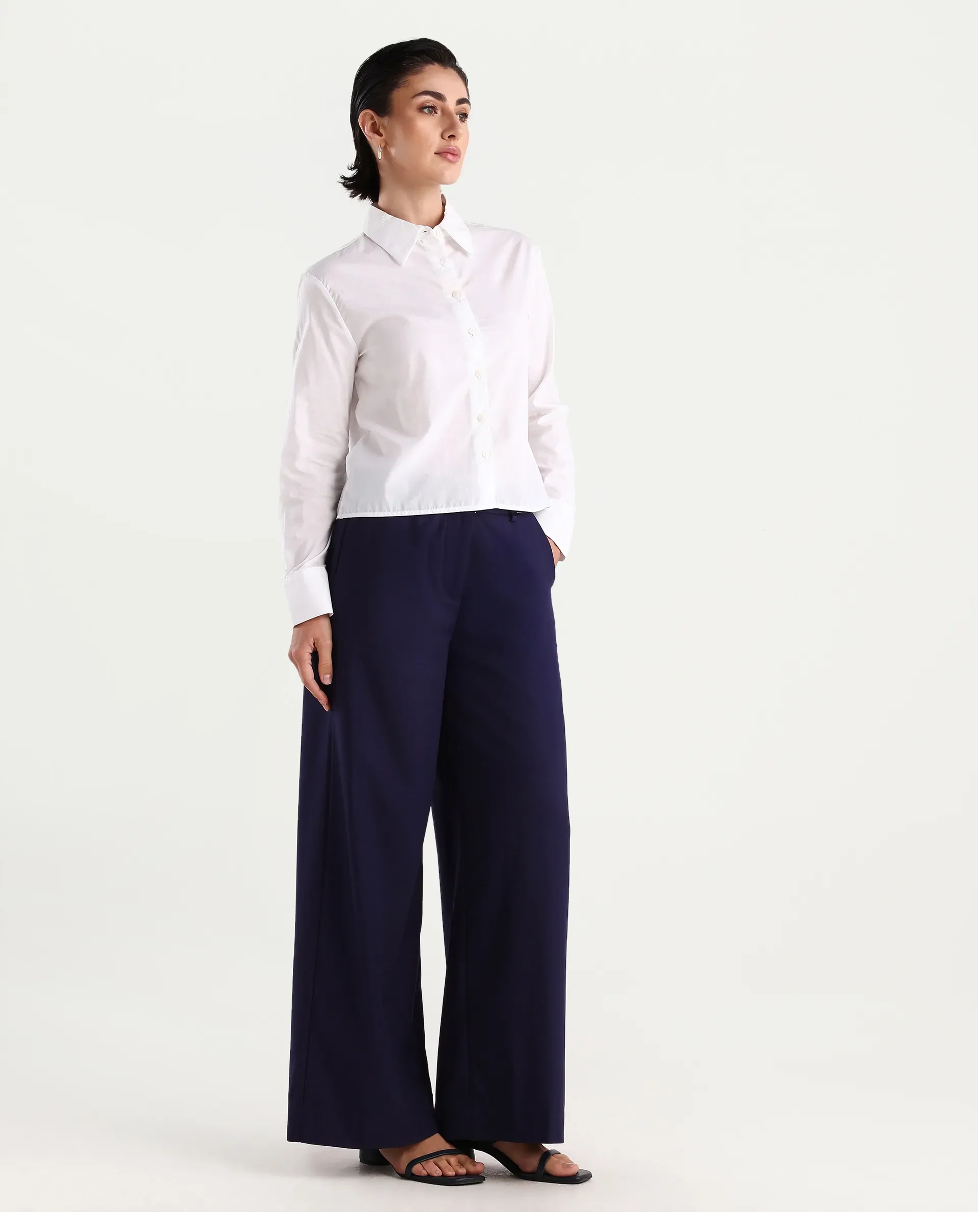 Rareism Women's Bhalmish Navy Cotton Plain Ankle Length Wide Trouser - Image 6