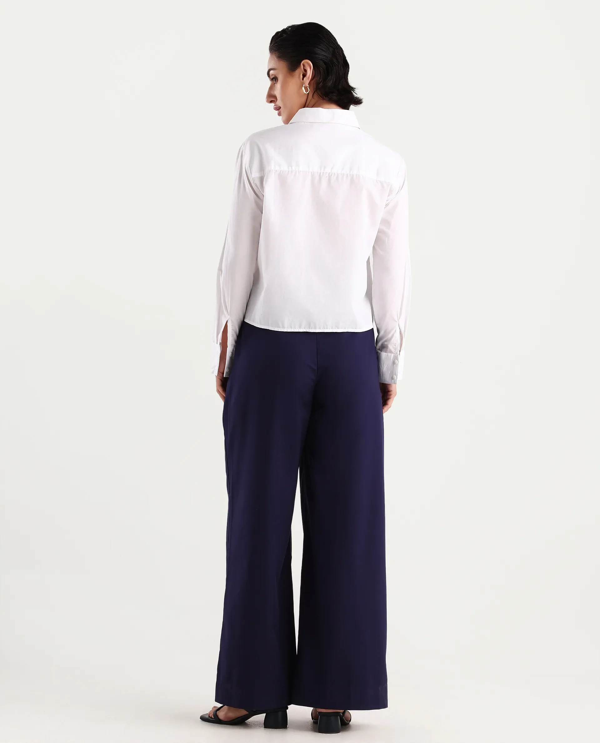 Rareism Women's Bhalmish Navy Cotton Plain Ankle Length Wide Trouser - Image 7