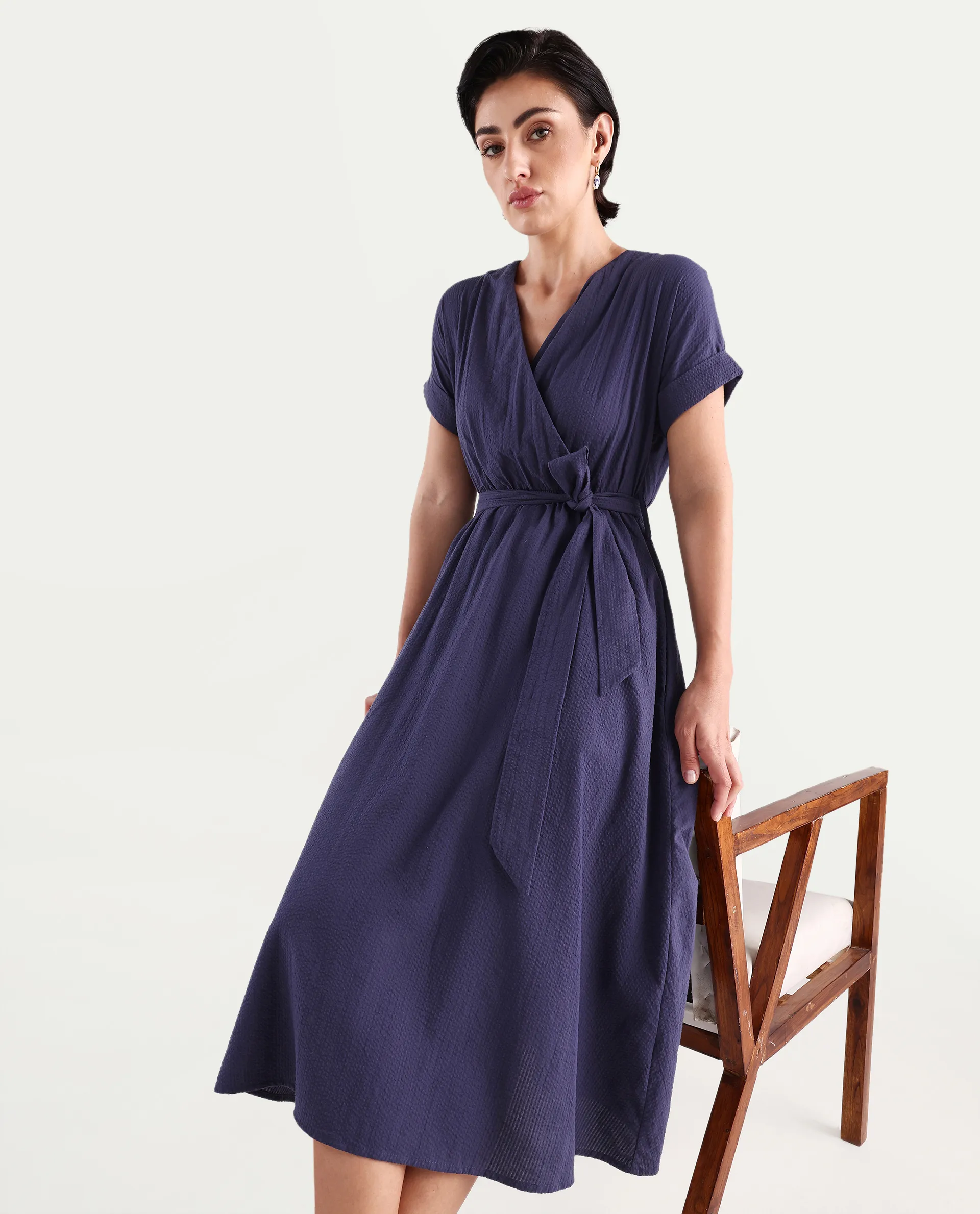 Rareism Women's Bhamin Navy Viscose Overlap Neck Plain Extended Sleeves Midi Fit And Flare Dress - Image 2