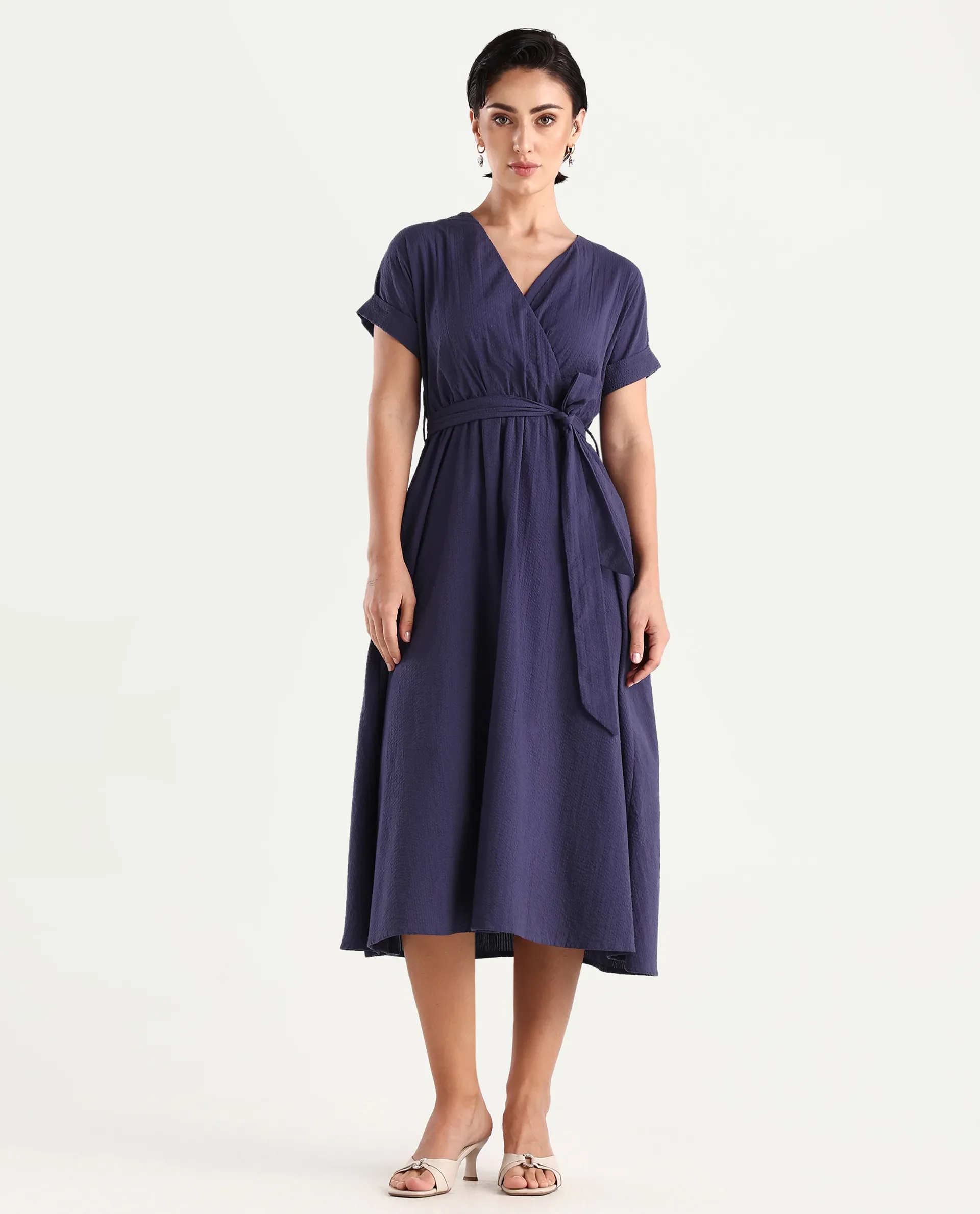 Rareism Women's Bhamin Navy Viscose Overlap Neck Plain Extended Sleeves Midi Fit And Flare Dress - Image 3