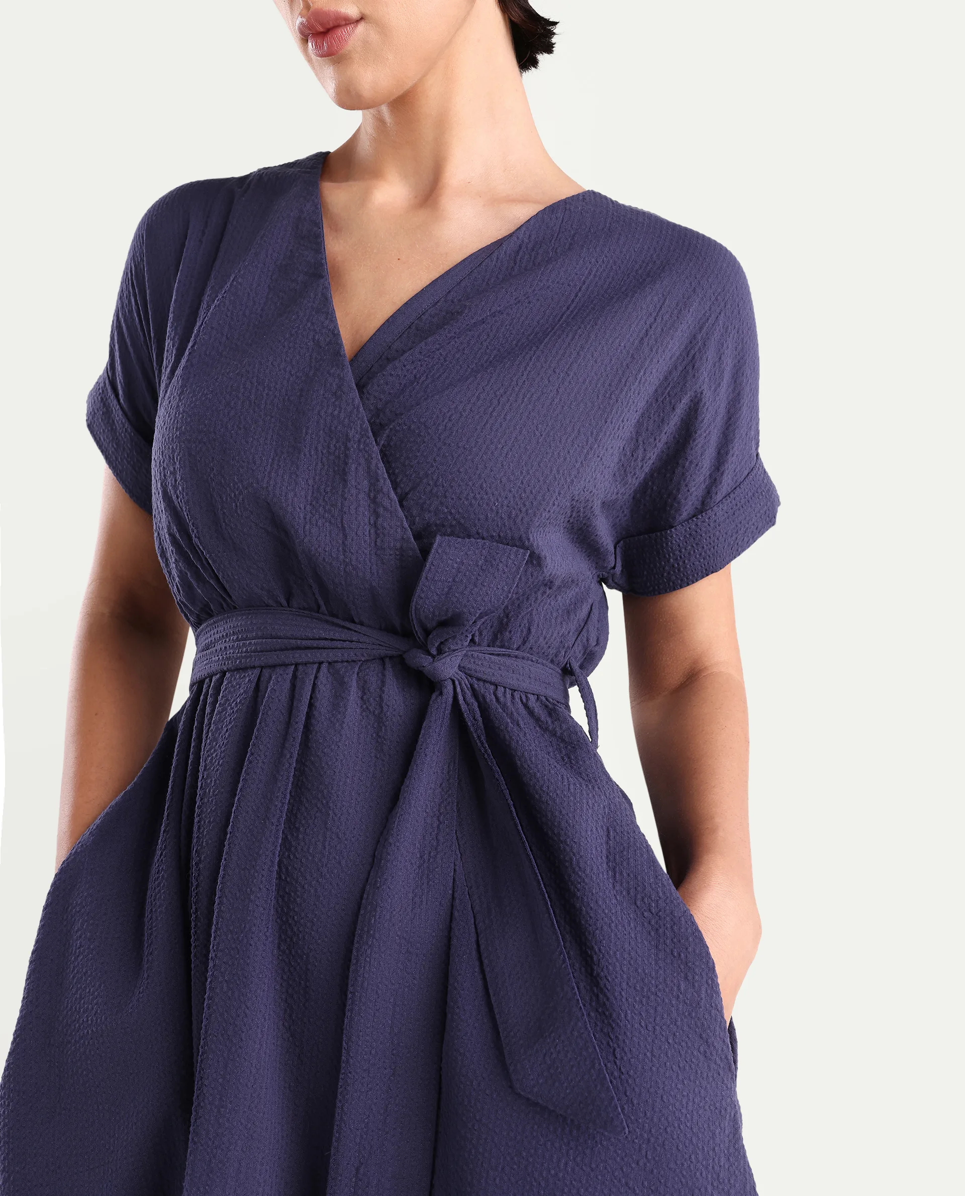 Rareism Women's Bhamin Navy Viscose Overlap Neck Plain Extended Sleeves Midi Fit And Flare Dress - Image 4