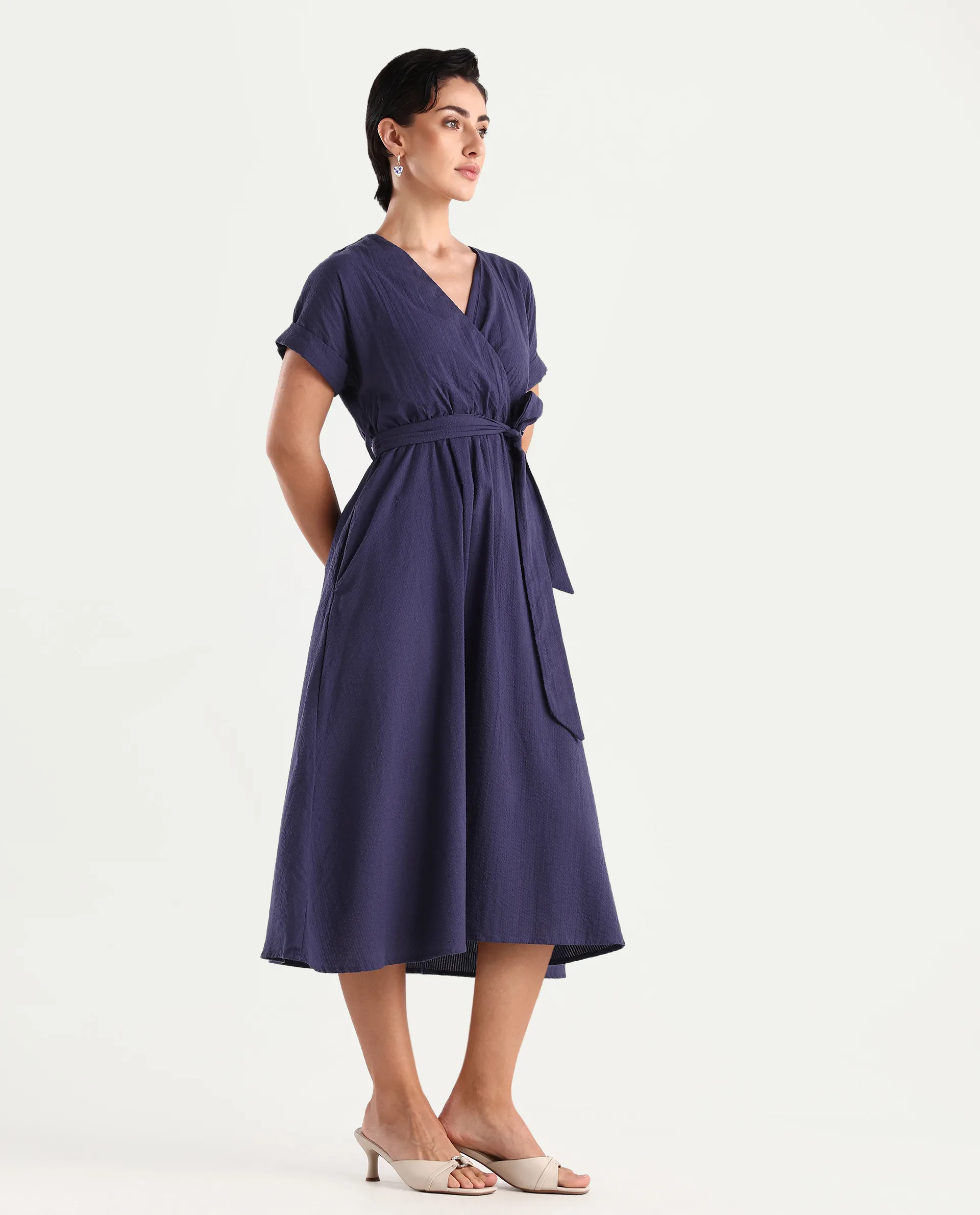 Rareism Women's Bhamin Navy Viscose Overlap Neck Plain Extended Sleeves Midi Fit And Flare Dress - Image 5