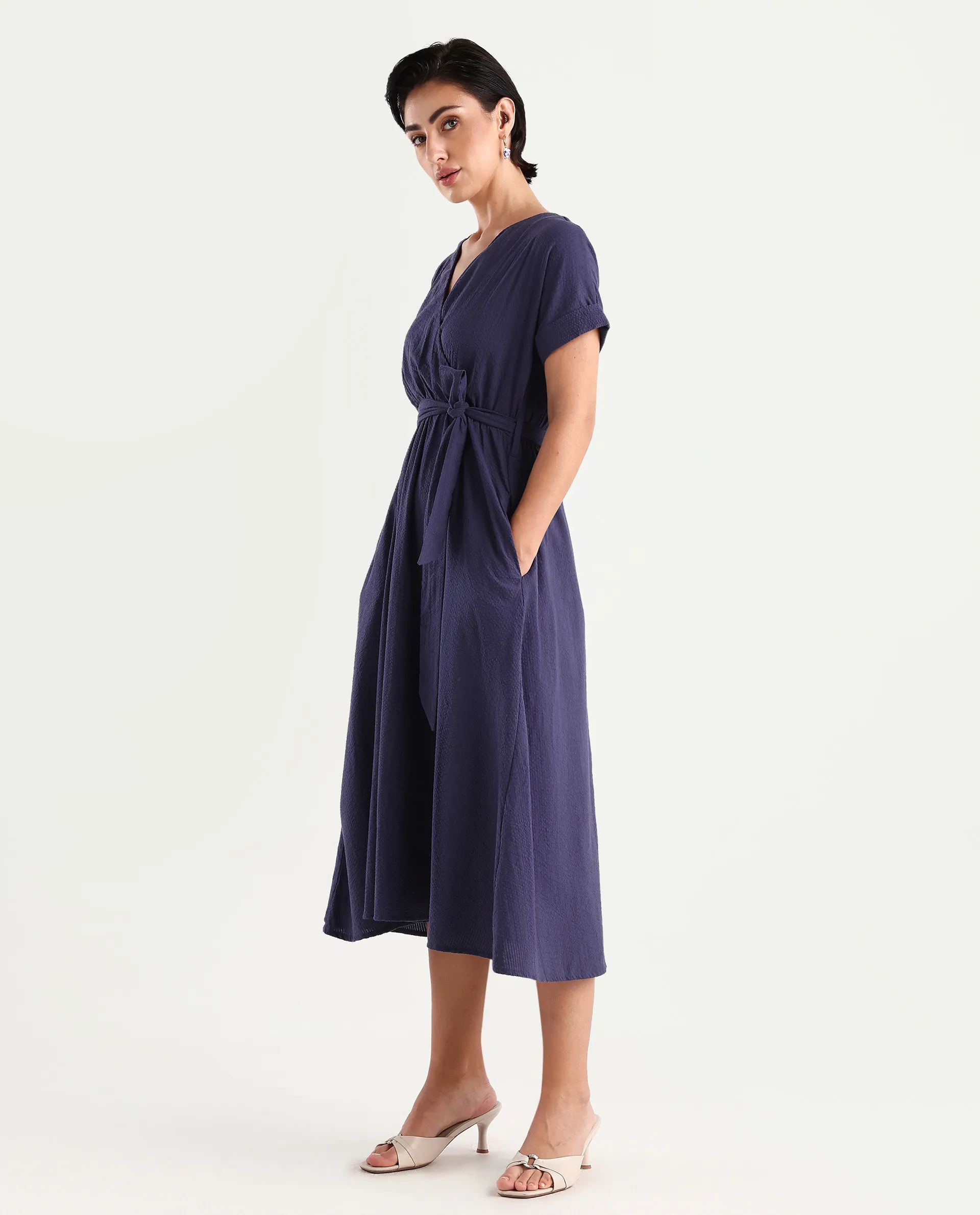 Rareism Women's Bhamin Navy Viscose Overlap Neck Plain Extended Sleeves Midi Fit And Flare Dress - Image 6