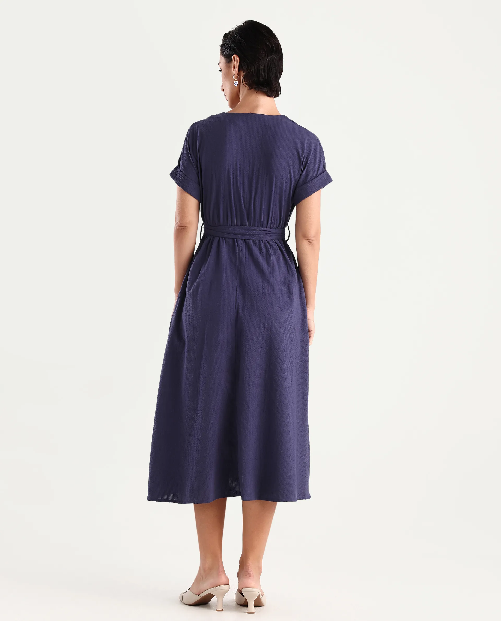Rareism Women's Bhamin Navy Viscose Overlap Neck Plain Extended Sleeves Midi Fit And Flare Dress - Image 7