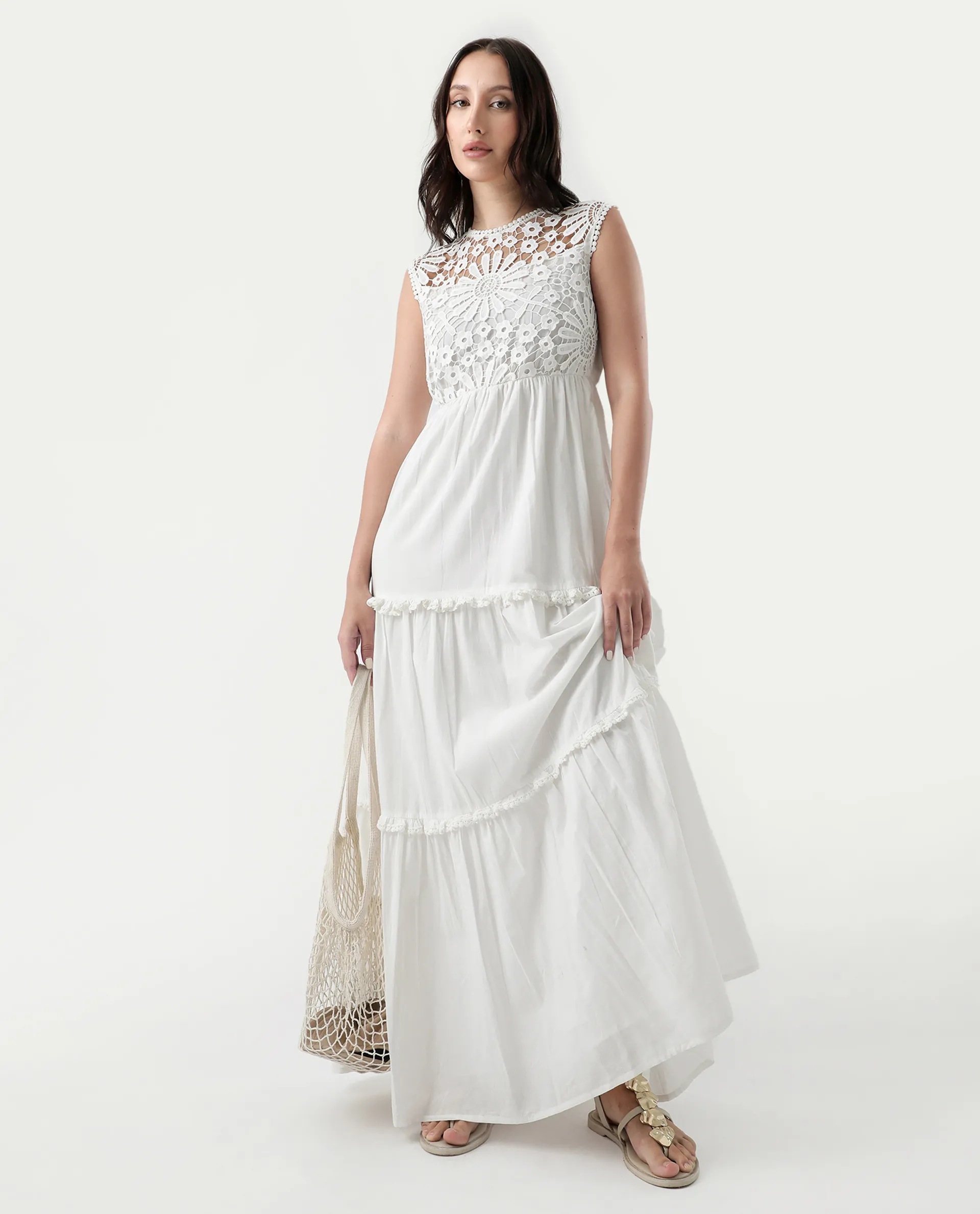 Rareism Women's Bhamona White Cotton Round Neck Plain Sleeveless Maxi Fit And Flare Dress