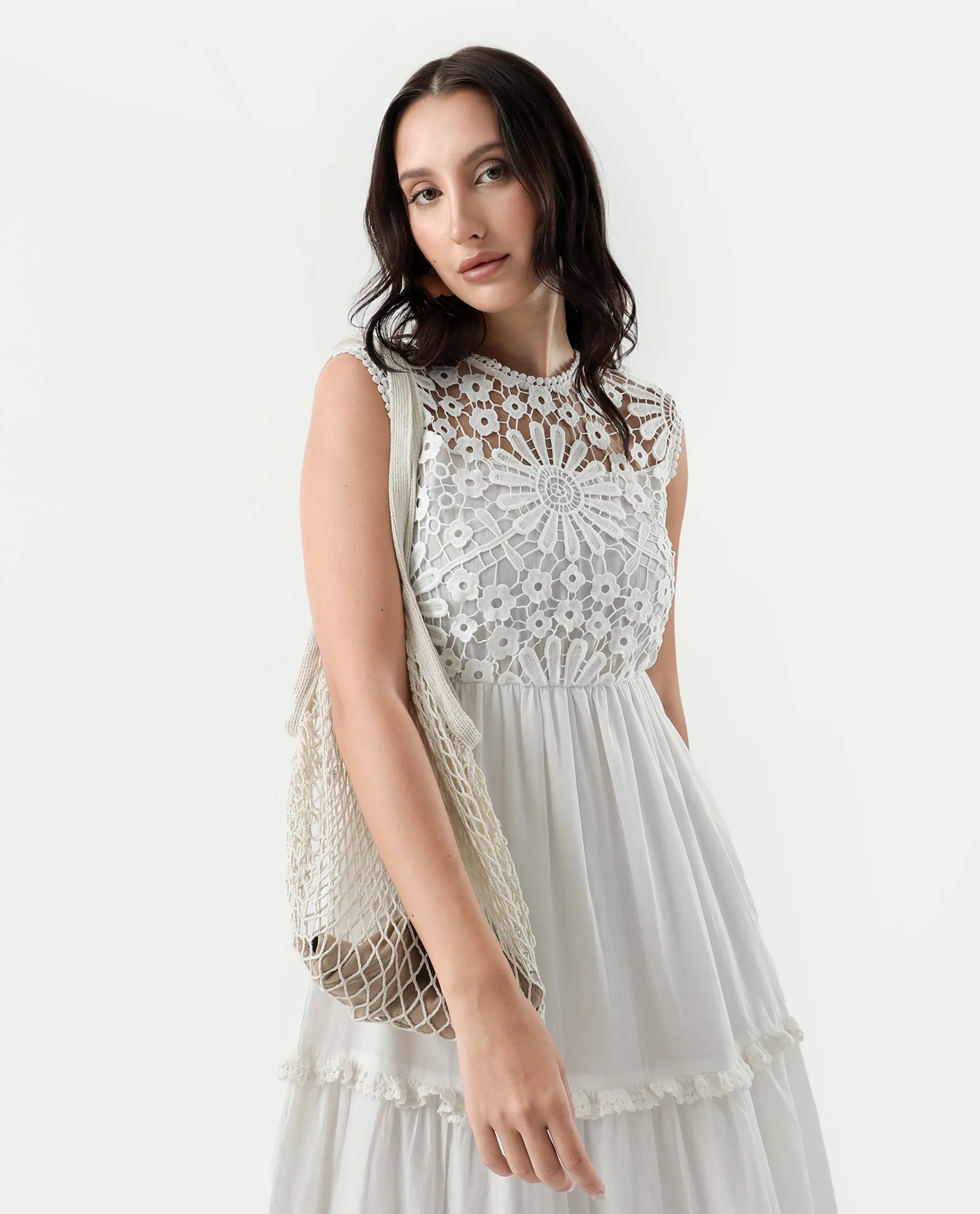 Rareism Women's Bhamona White Cotton Round Neck Plain Sleeveless Maxi Fit And Flare Dress - Image 2