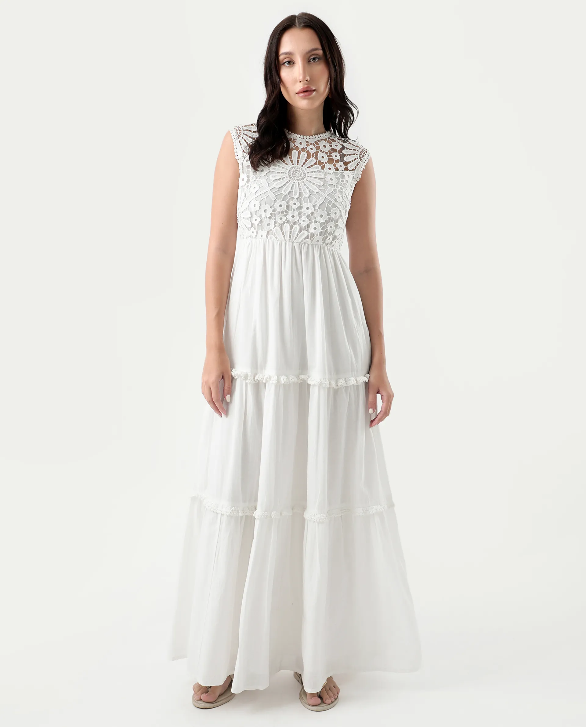 Rareism Women's Bhamona White Cotton Round Neck Plain Sleeveless Maxi Fit And Flare Dress - Image 3