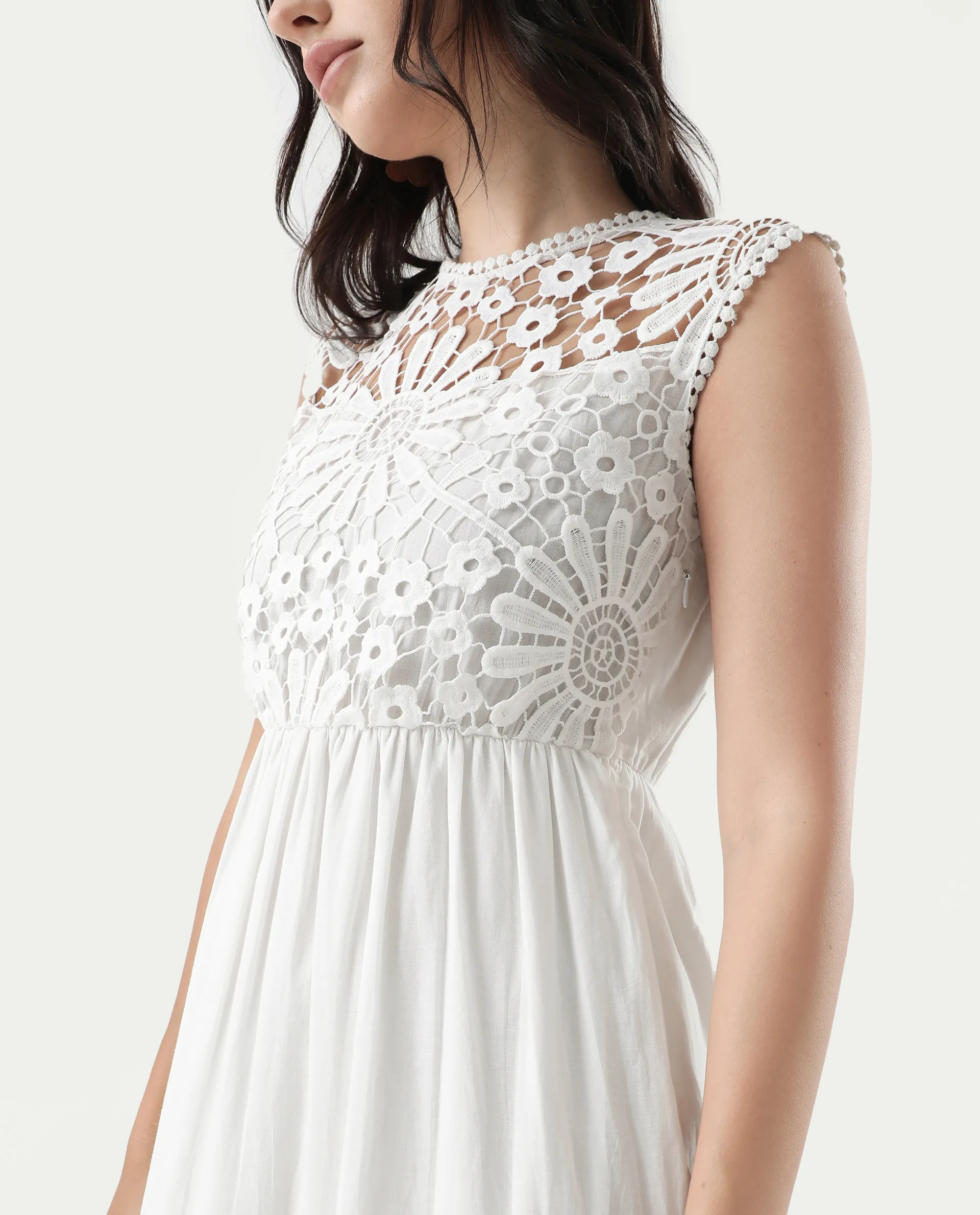 Rareism Women's Bhamona White Cotton Round Neck Plain Sleeveless Maxi Fit And Flare Dress - Image 4