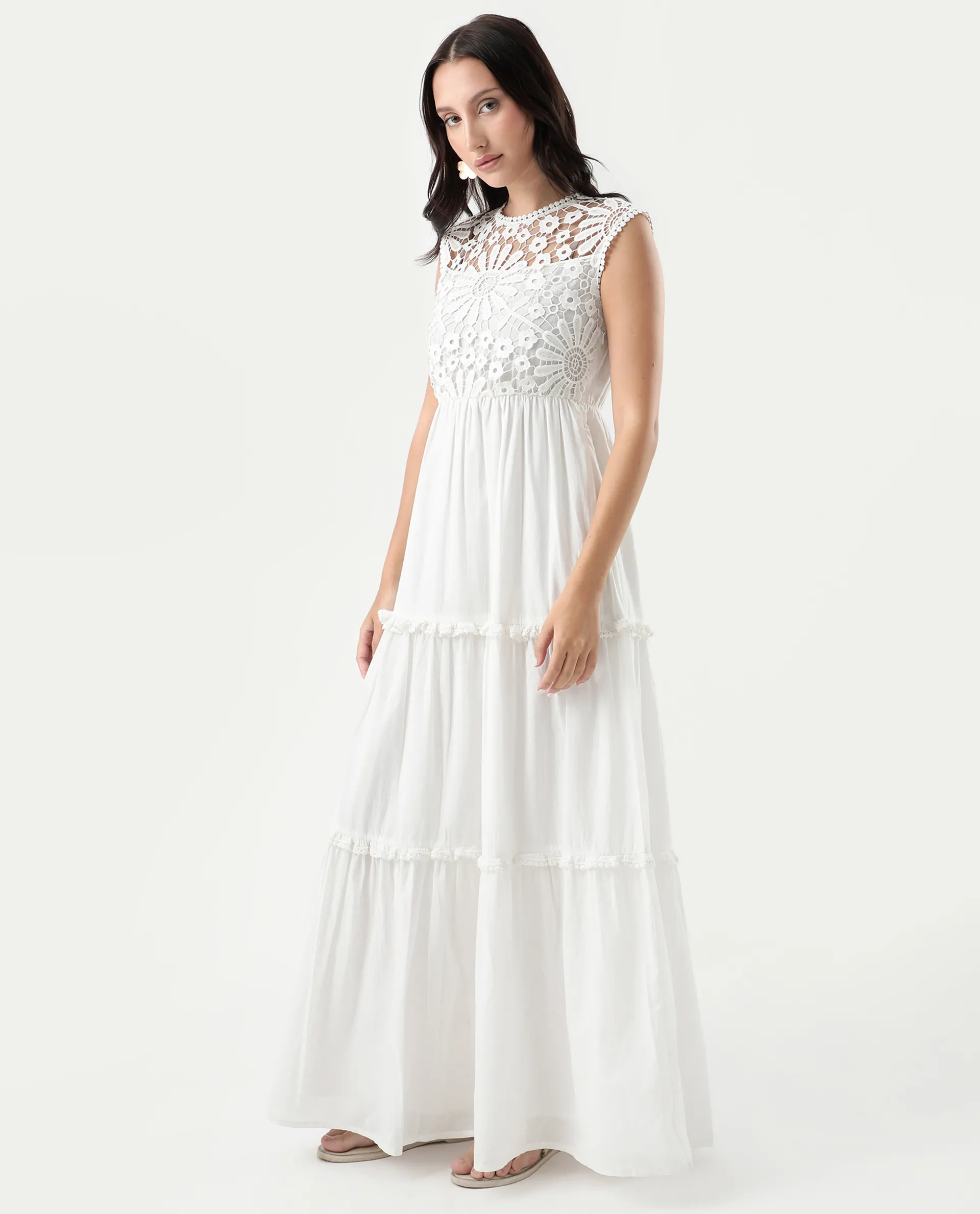 Rareism Women's Bhamona White Cotton Round Neck Plain Sleeveless Maxi Fit And Flare Dress - Image 5