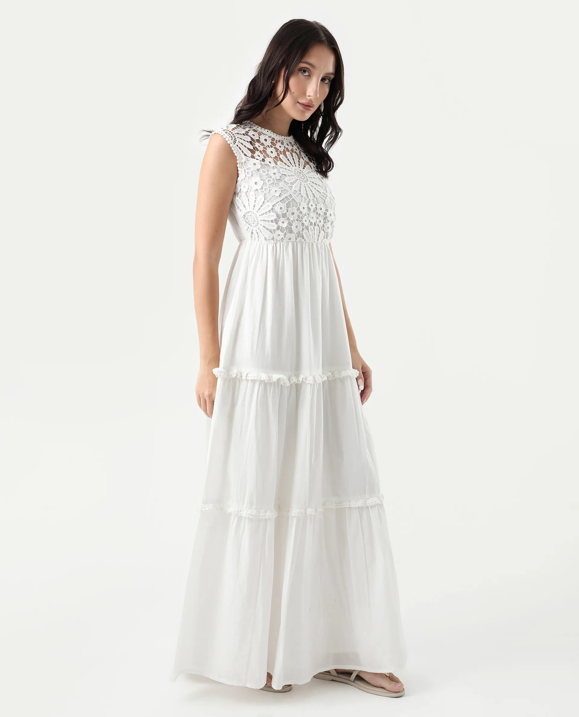 Rareism Women's Bhamona White Cotton Round Neck Plain Sleeveless Maxi Fit And Flare Dress - Image 6
