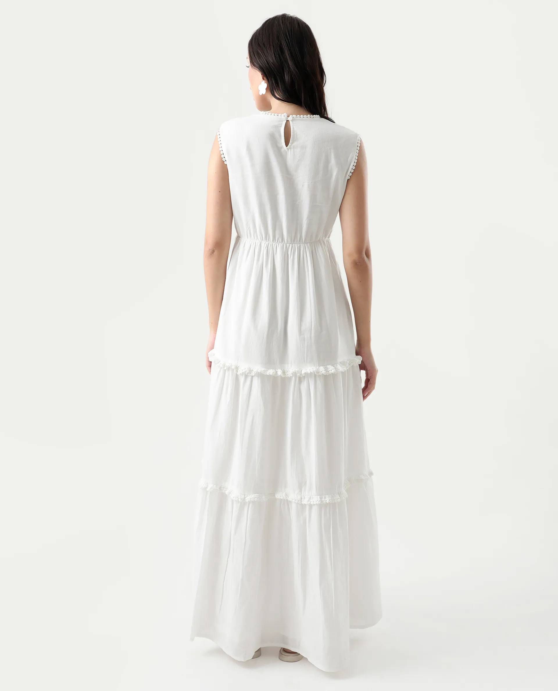 Rareism Women's Bhamona White Cotton Round Neck Plain Sleeveless Maxi Fit And Flare Dress - Image 7