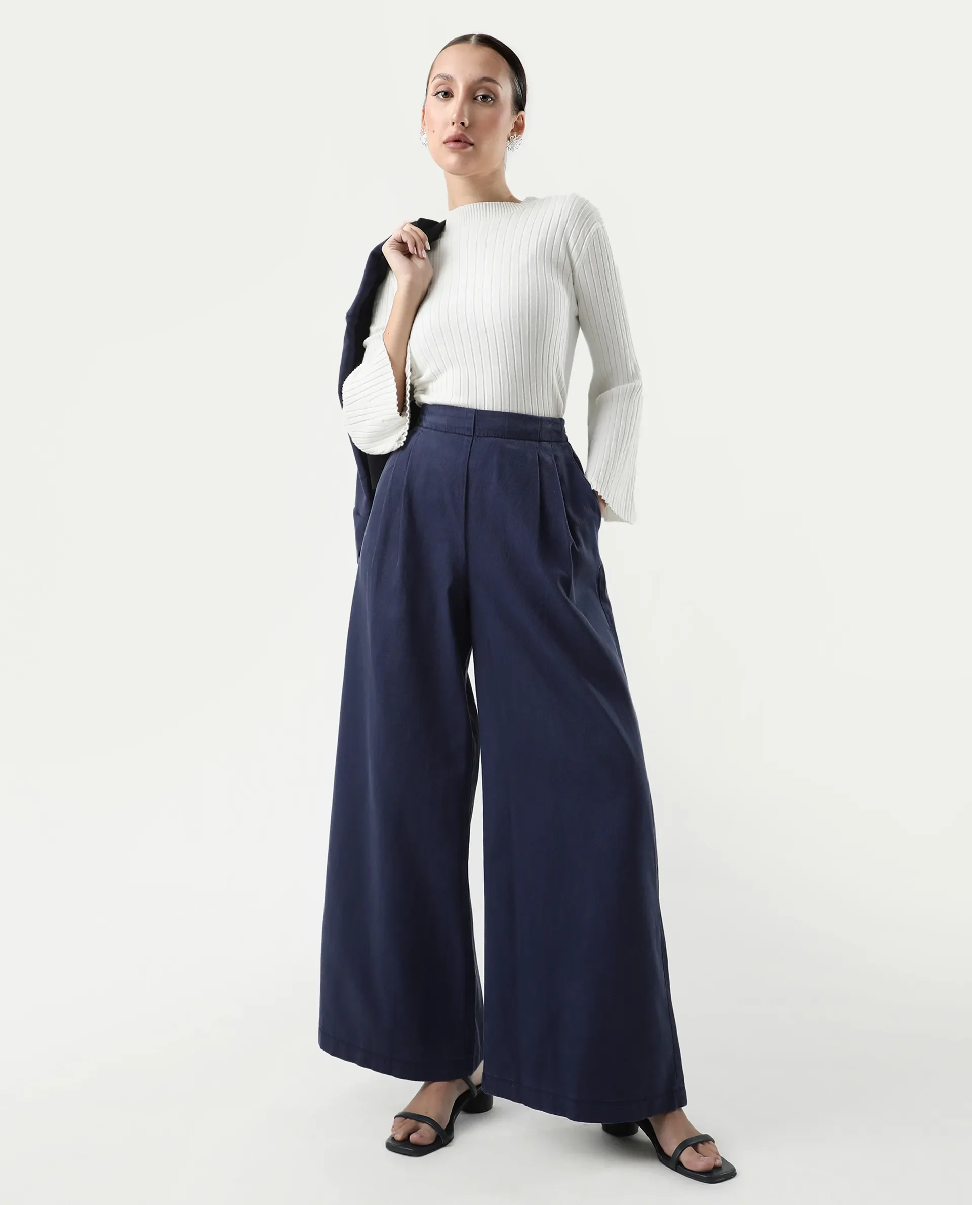 Rareism Women's Bhanella B Navy Cotton Plain Ankle Length Flared Trouser