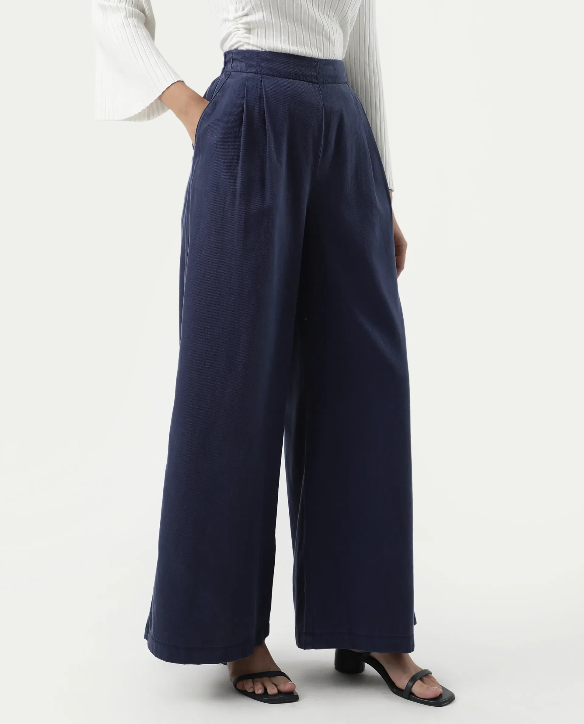 Rareism Women's Bhanella B Navy Cotton Plain Ankle Length Flared Trouser - Image 6