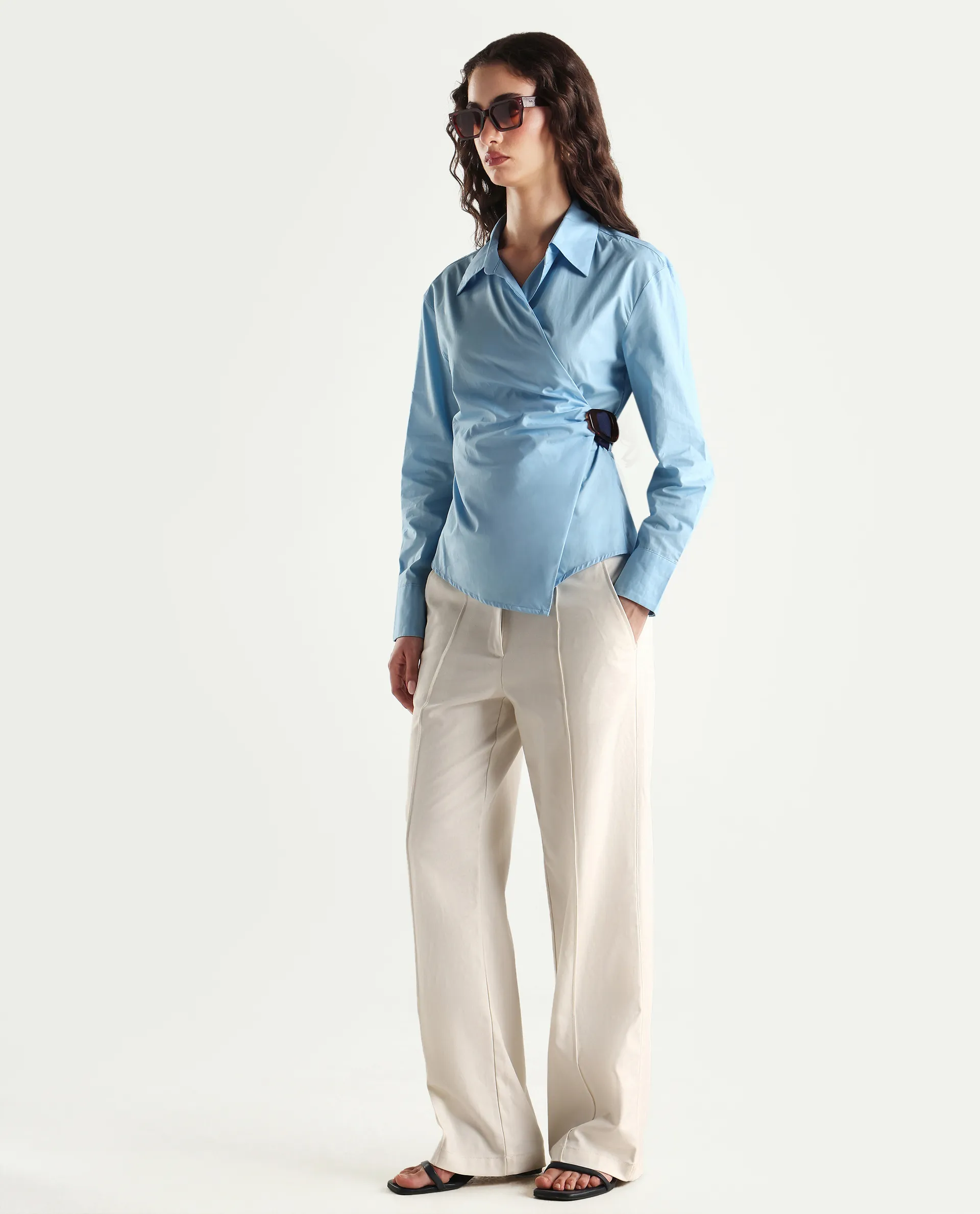 Rareism Women's Bhanella T Blue Cotton Spread Collar Plain Cuffed Sleeve Relaxed Fit Shirt - Image 2