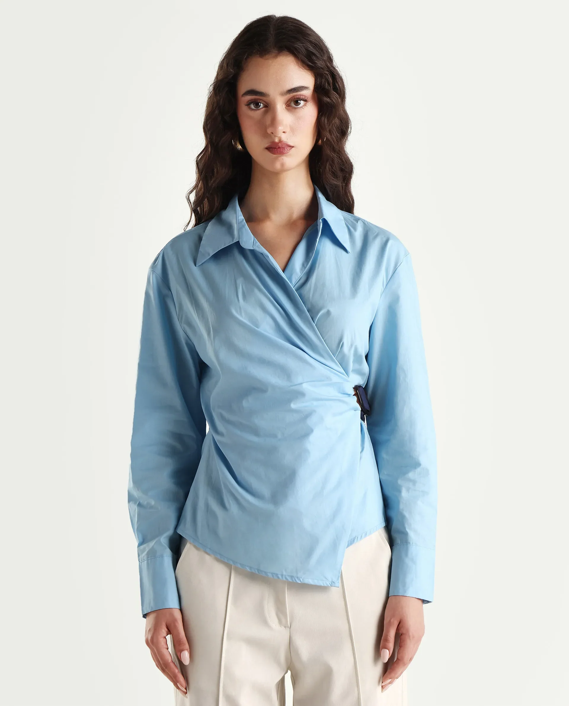 Rareism Women's Bhanella T Blue Cotton Spread Collar Plain Cuffed Sleeve Relaxed Fit Shirt - Image 3