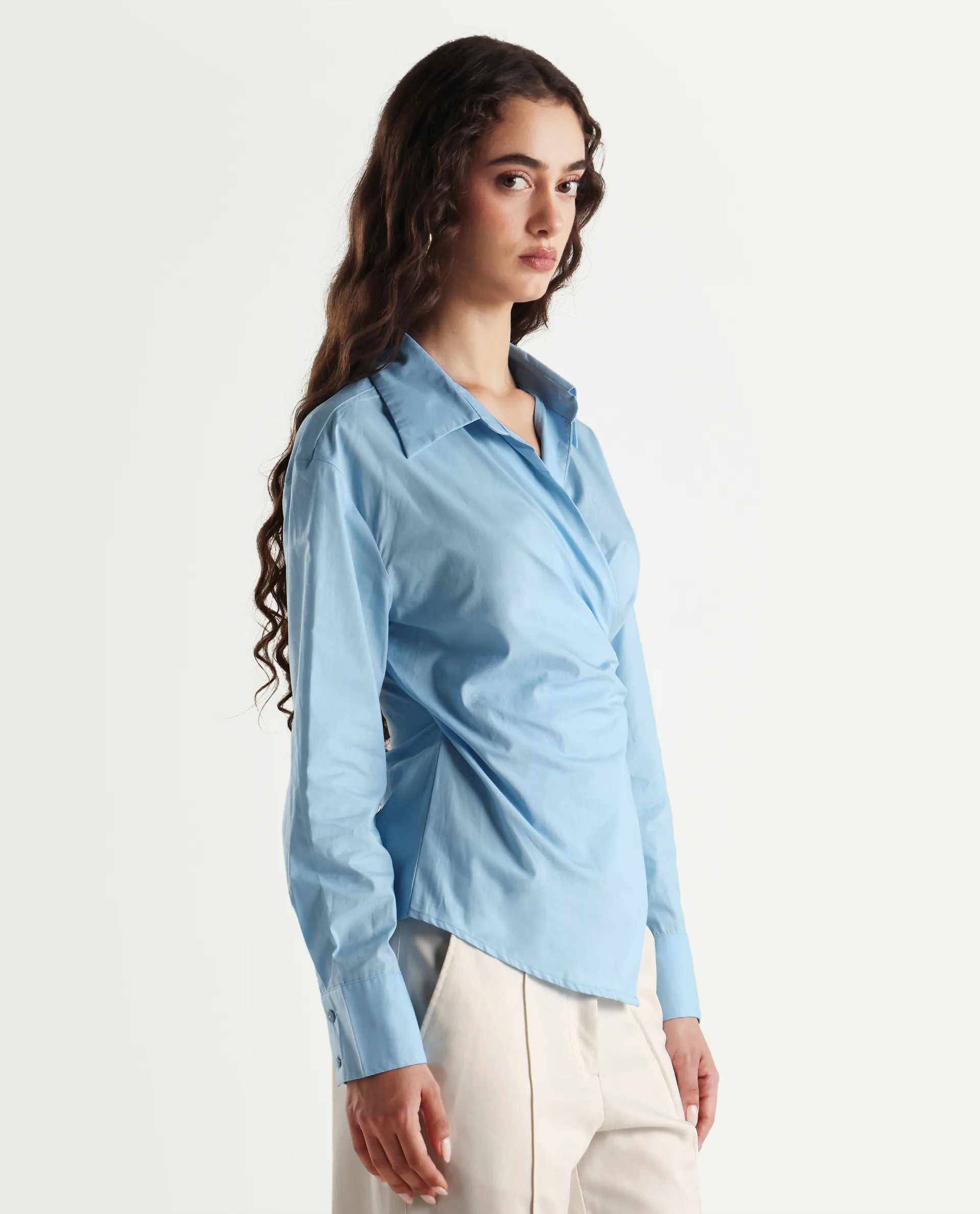 Rareism Women's Bhanella T Blue Cotton Spread Collar Plain Cuffed Sleeve Relaxed Fit Shirt - Image 4