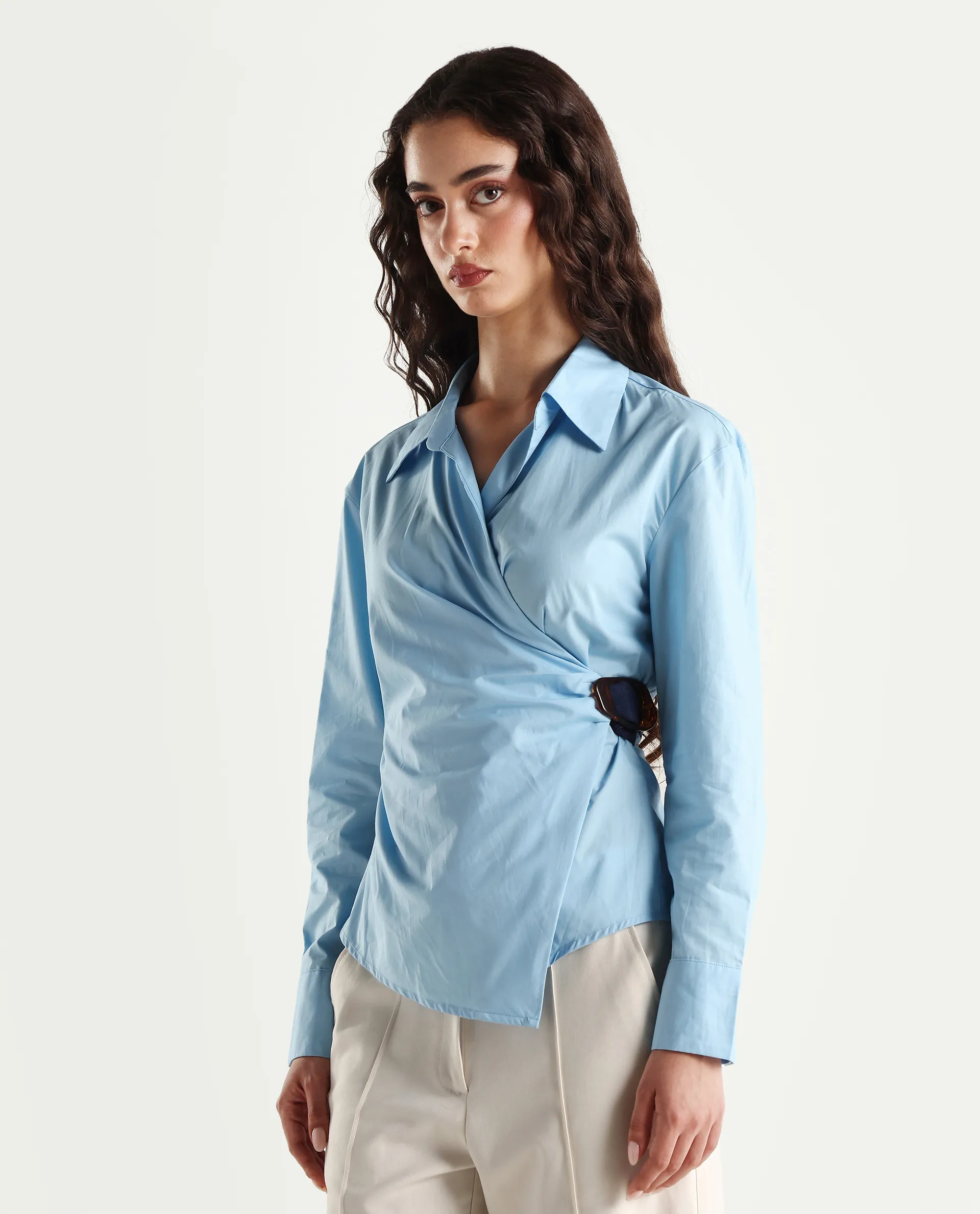 Rareism Women's Bhanella T Blue Cotton Spread Collar Plain Cuffed Sleeve Relaxed Fit Shirt - Image 5