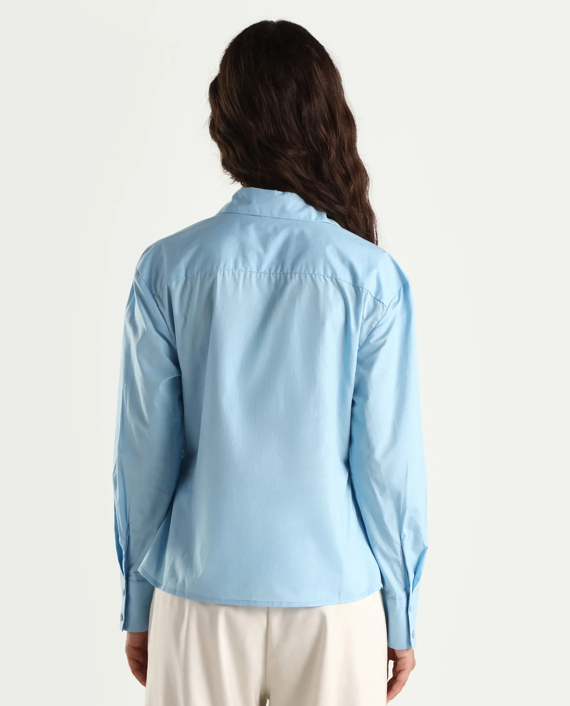 Rareism Women's Bhanella T Blue Cotton Spread Collar Plain Cuffed Sleeve Relaxed Fit Shirt - Image 6