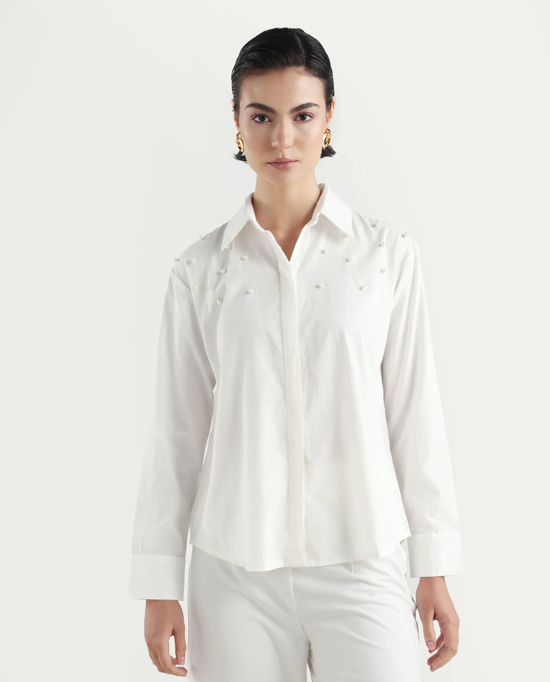 Rareism Women's Bhanik White Linen Spread Collar Plain Cuffed Sleeve Regular Fit Shirt - Image 3