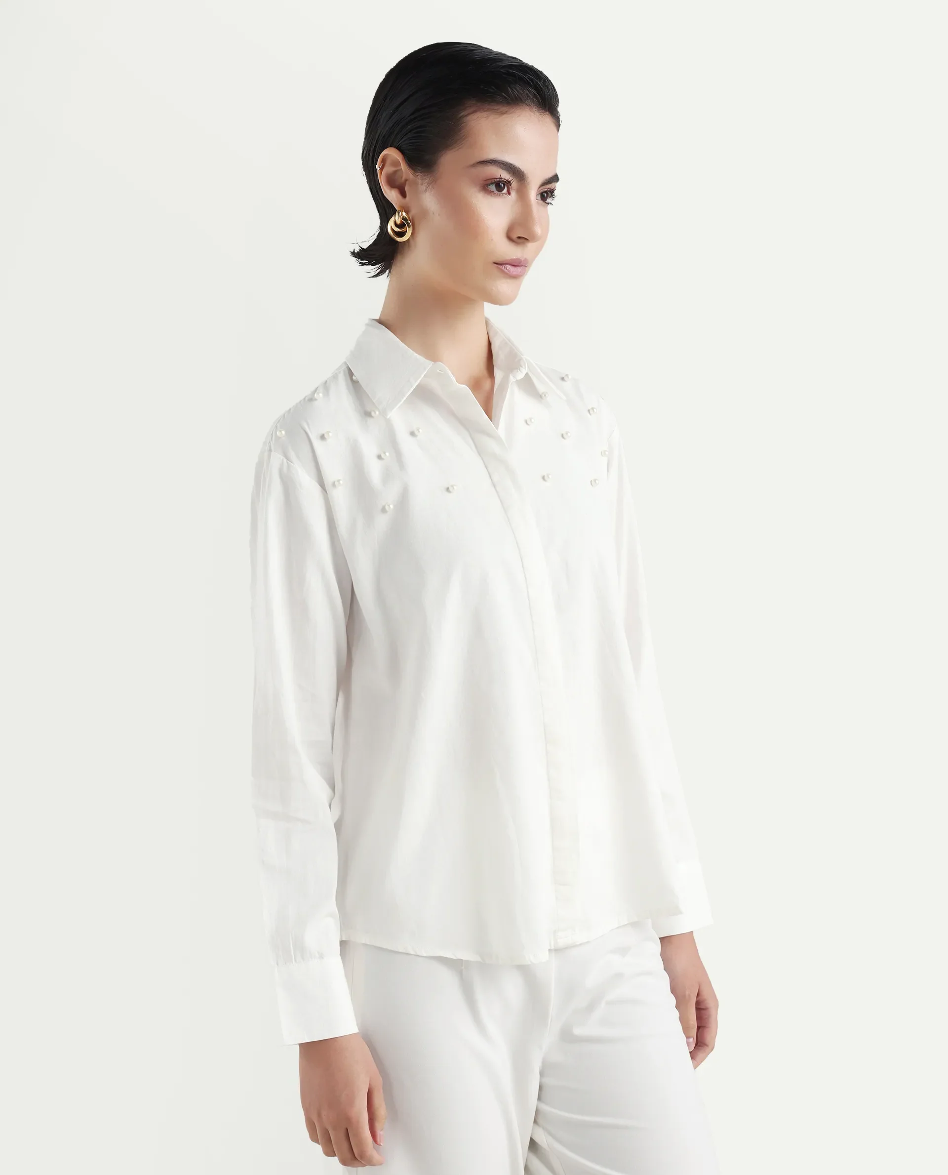 Rareism Women's Bhanik White Linen Spread Collar Plain Cuffed Sleeve Regular Fit Shirt - Image 6