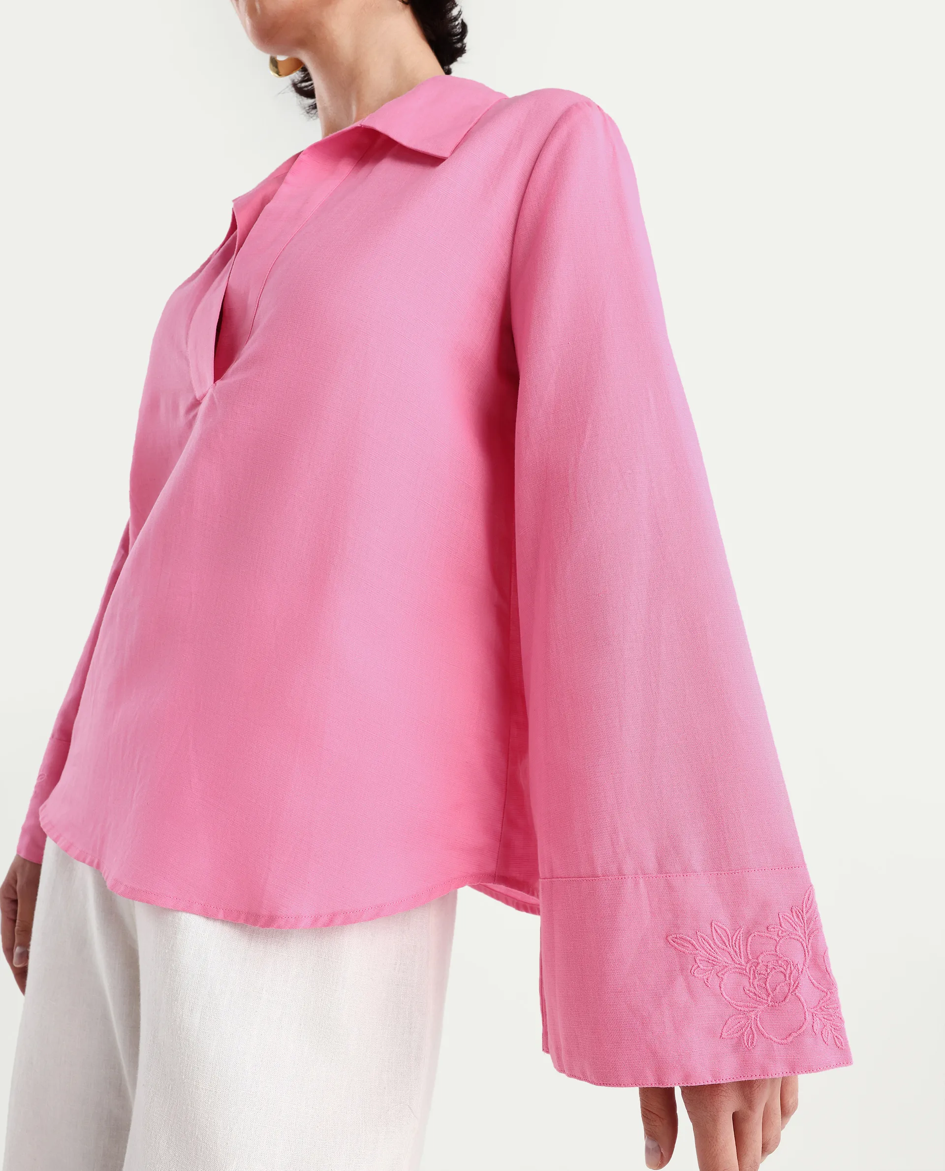 Rareism Women's Bhanis Light Pink Viscose Spread Collar Plain Bell Sleeve Relaxed Fit Top