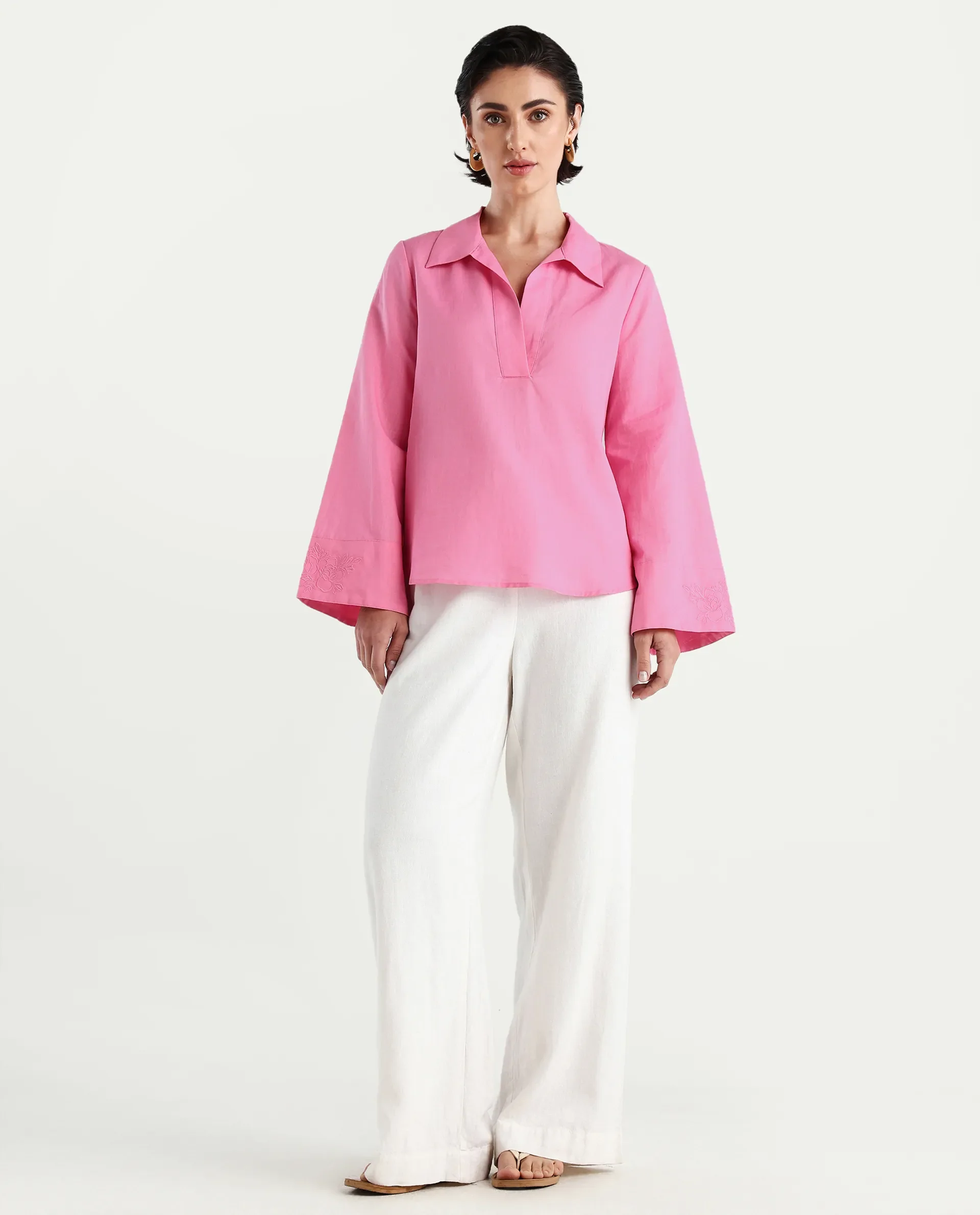 Rareism Women's Bhanis Light Pink Viscose Spread Collar Plain Bell Sleeve Relaxed Fit Top - Image 2
