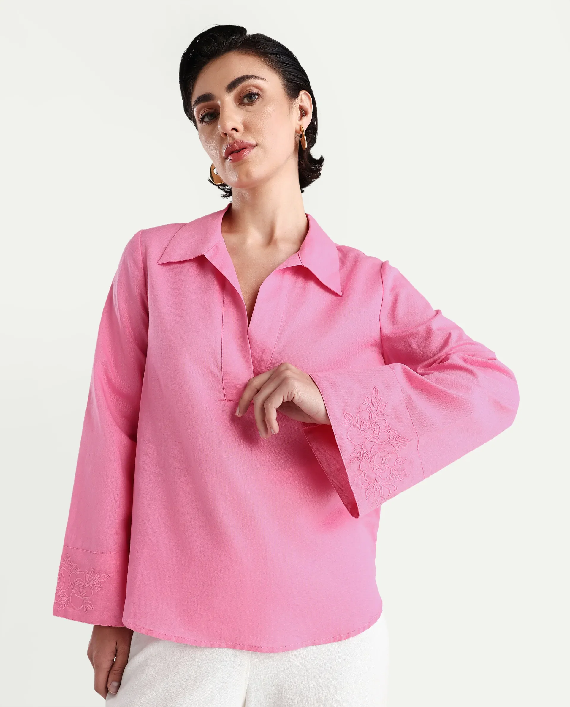 Rareism Women's Bhanis Light Pink Viscose Spread Collar Plain Bell Sleeve Relaxed Fit Top - Image 3